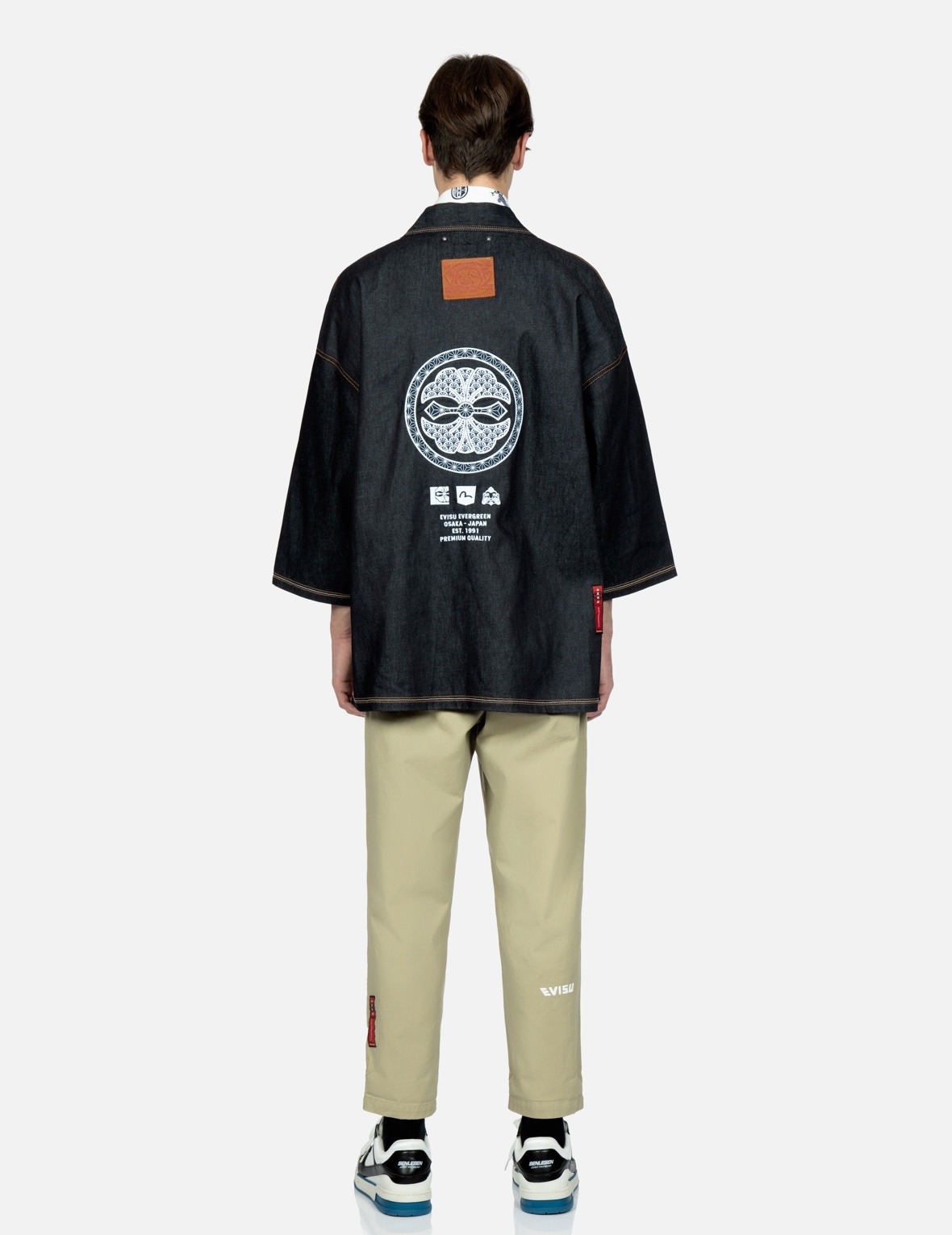 BROCADE-PATTERN KAMON PRINT DENIM KIMONO - 5