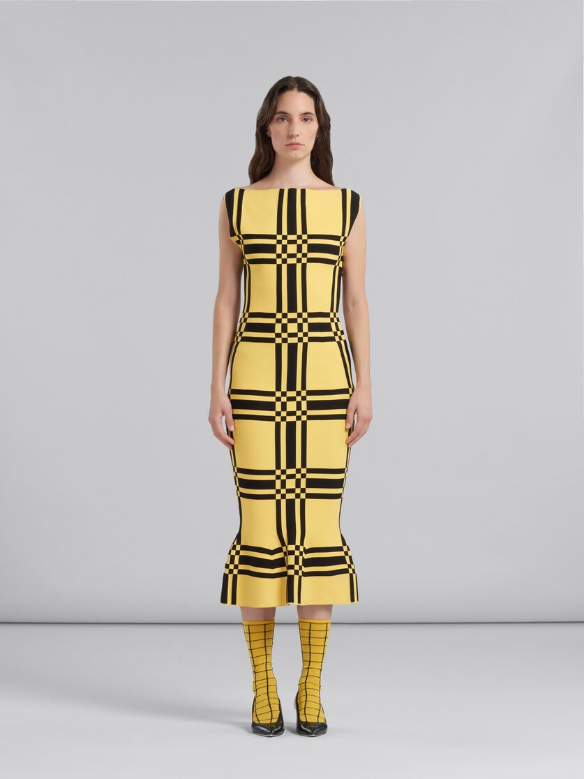 YELLOW VISCOSE SHEATH DRESS WITH MAXI CHECK - 2