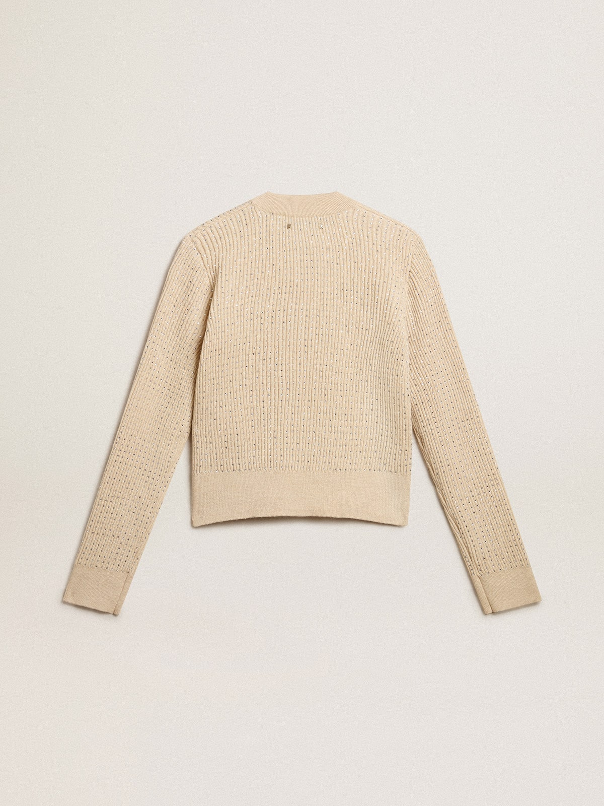 Cropped round-neck sweater in beige wool with all-over crystals - 6