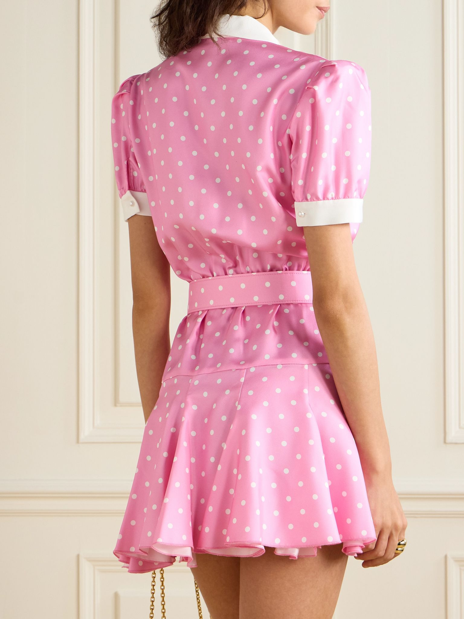 Belted wrap-effect pleated polka-dot silk-twill mini dress Pink - 3