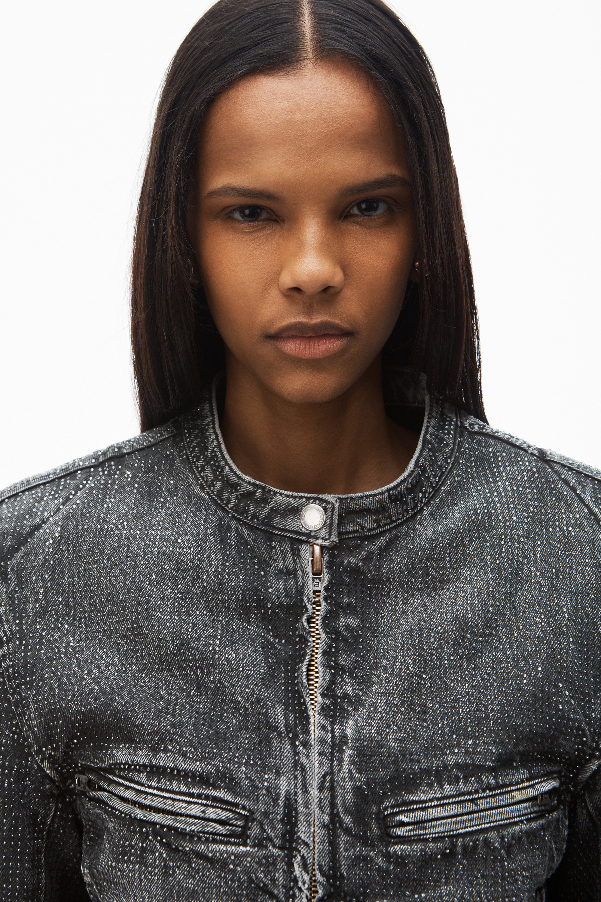 clear crystal hotfix moto jacket in crackle grey wash denim - 6