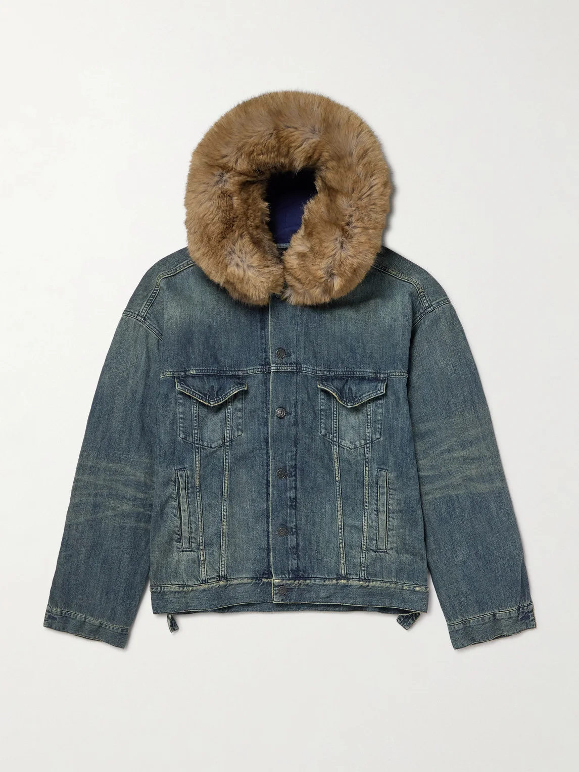 Plush-Trimmed Hooded Denim Jacket - 1
