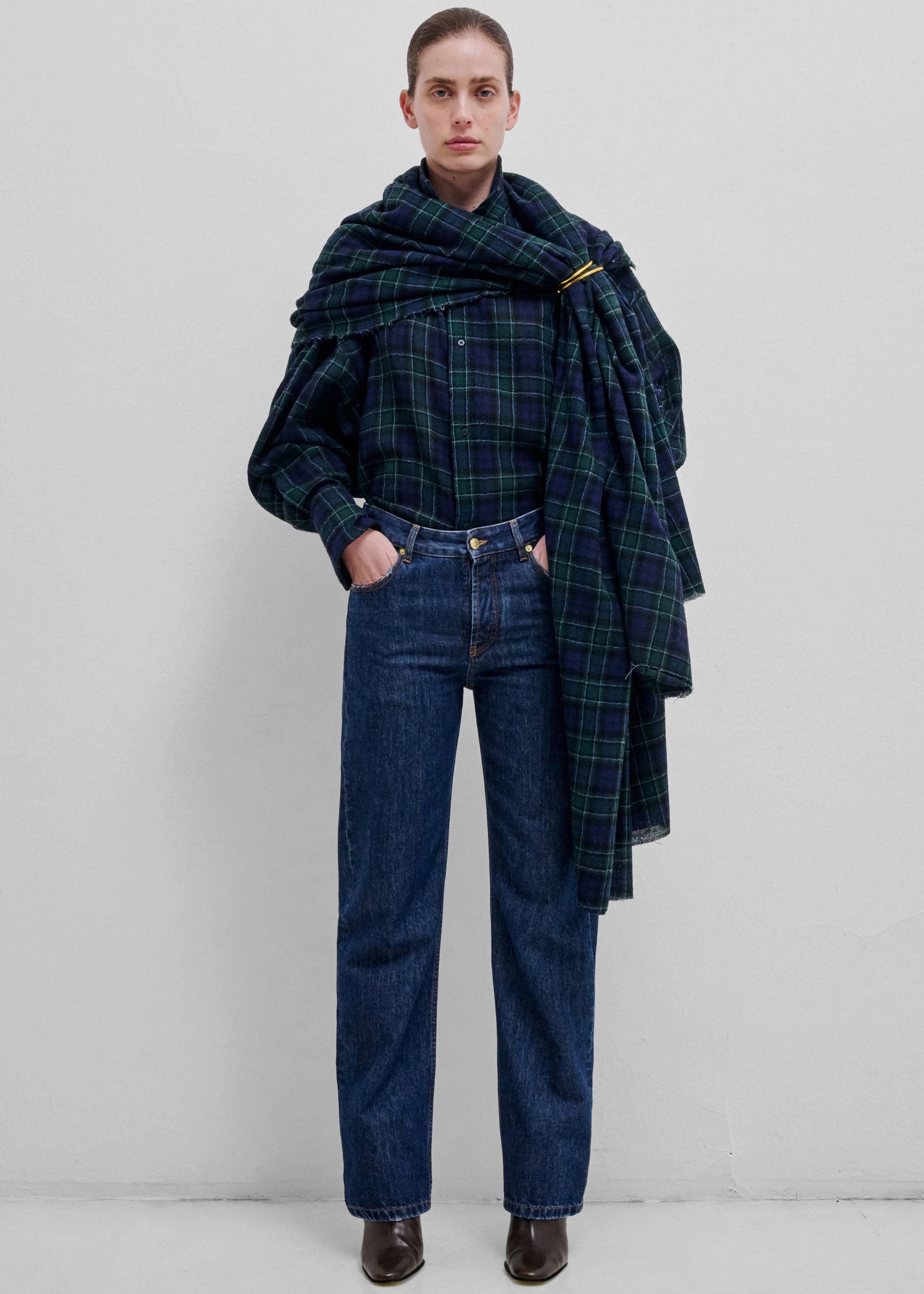 Darkpark Georgia Detachable Scarf Japanese Wool Shirt - Blue/Green/White - 1