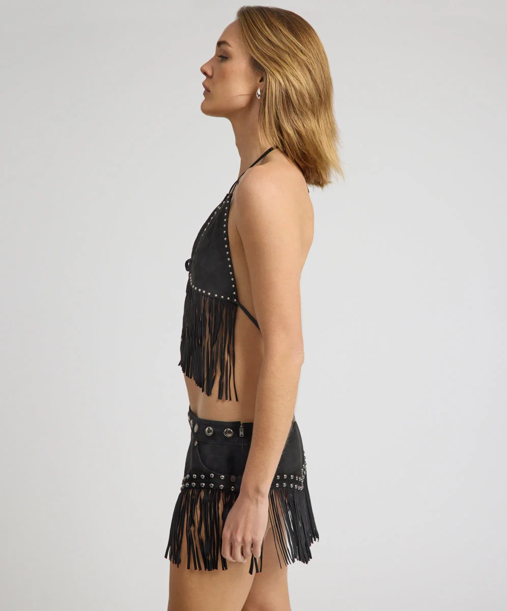 Rebel Rider Studded Fringe Suede Micro Skirt - Black - 1
