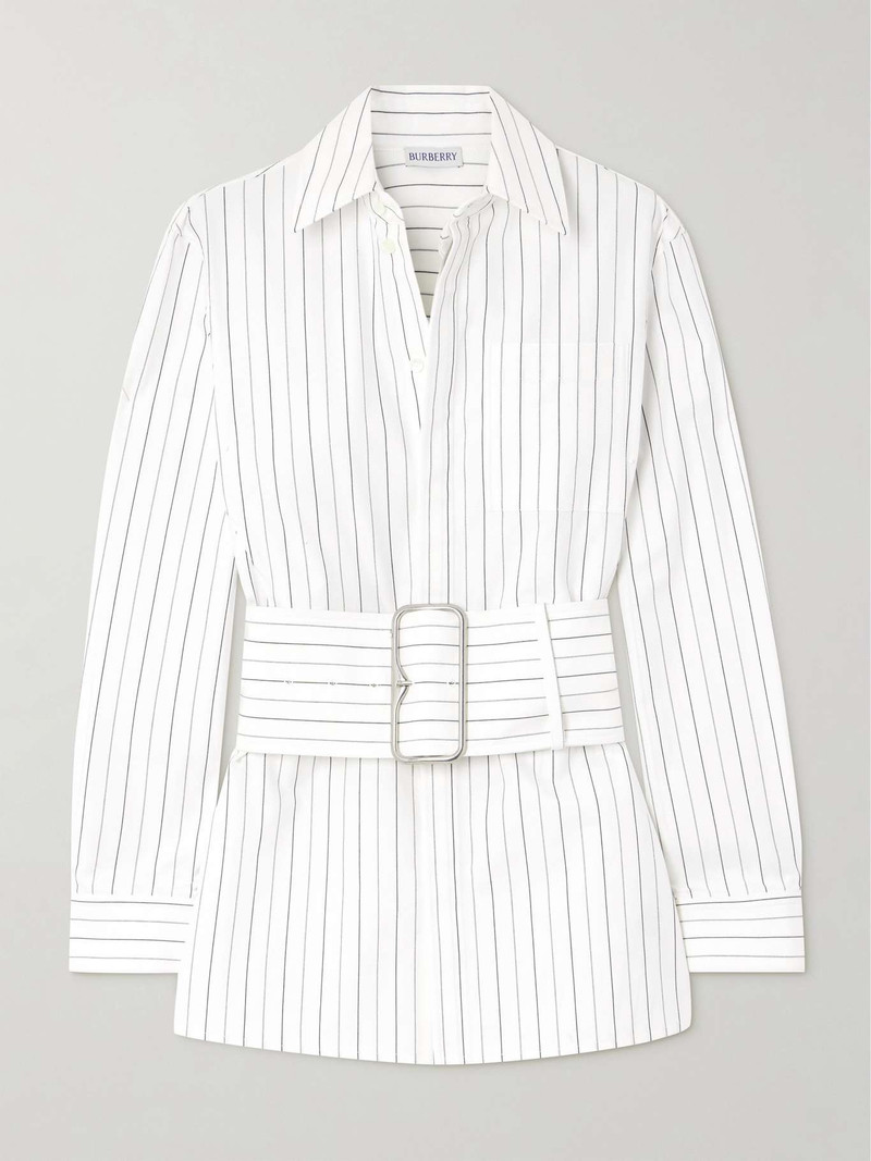 Belted pinstriped cotton-poplin shirt White - 1