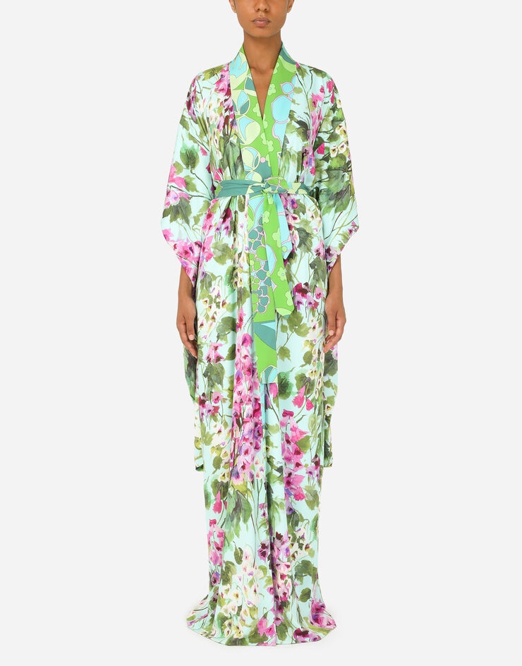 Long charmeuse caftan with bluebell print - 1