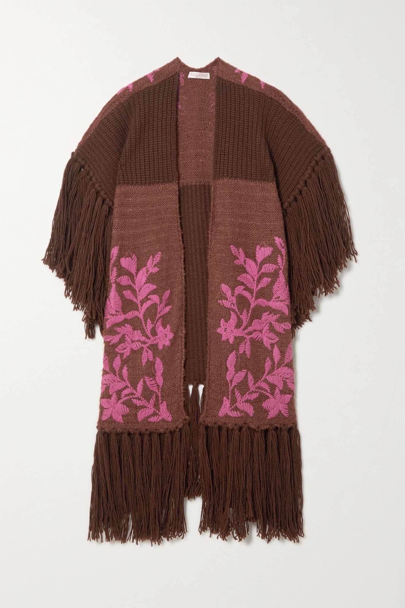 Fringed embroidered wool and silk-blend wrap - 1