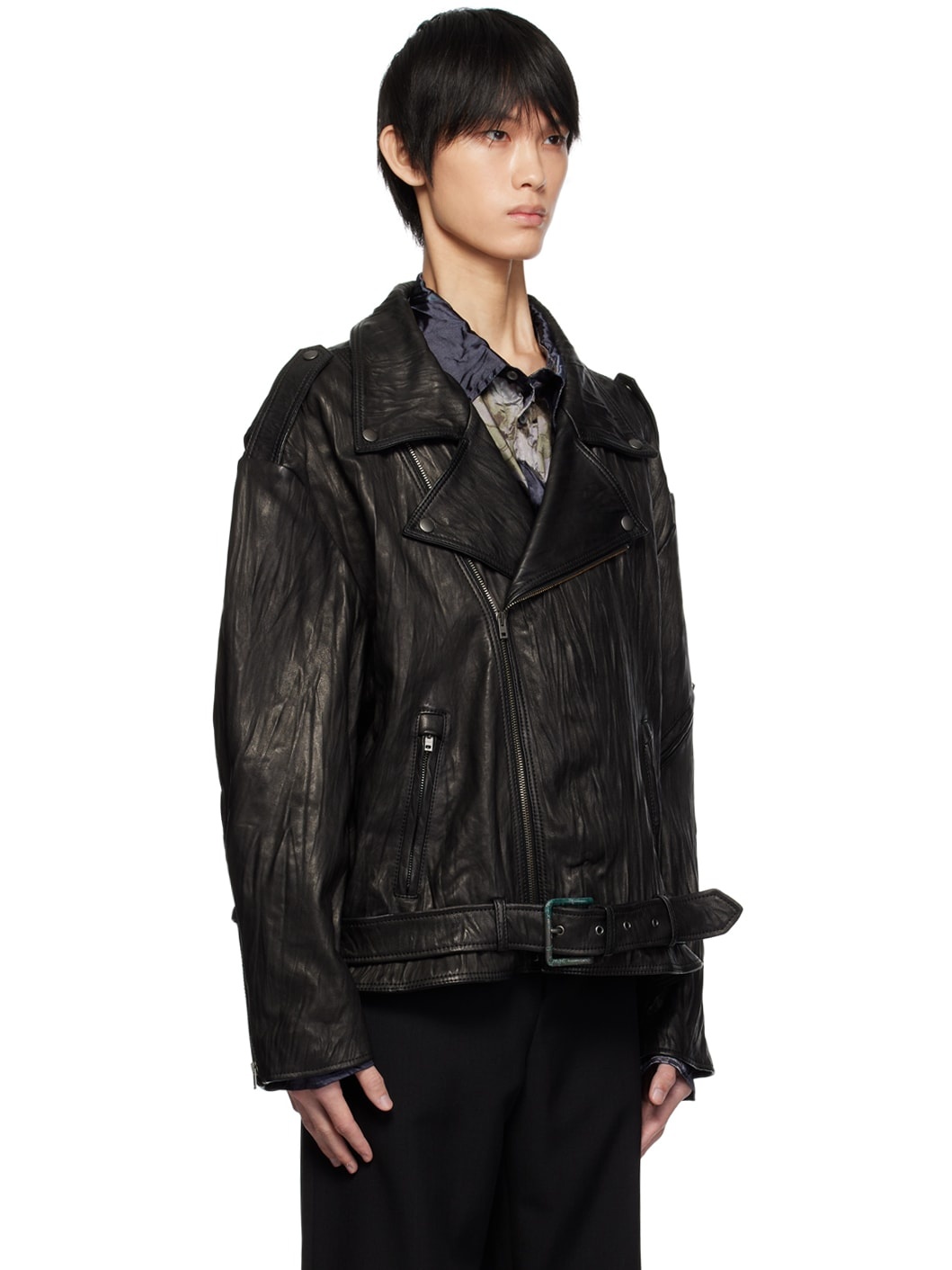 Black Crinkled Leather Jacket - 2