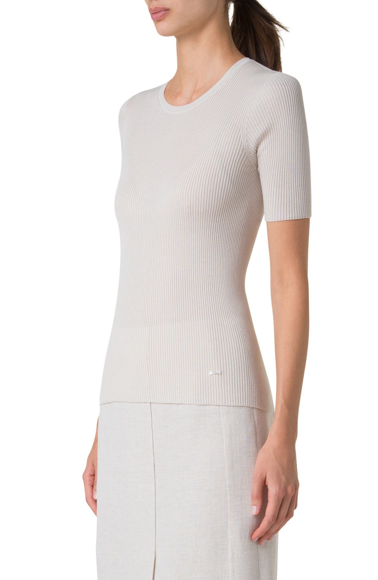 Akris Short Sleeve Silk & Cotton Rib Sweater in Greige at Nordstrom - 3