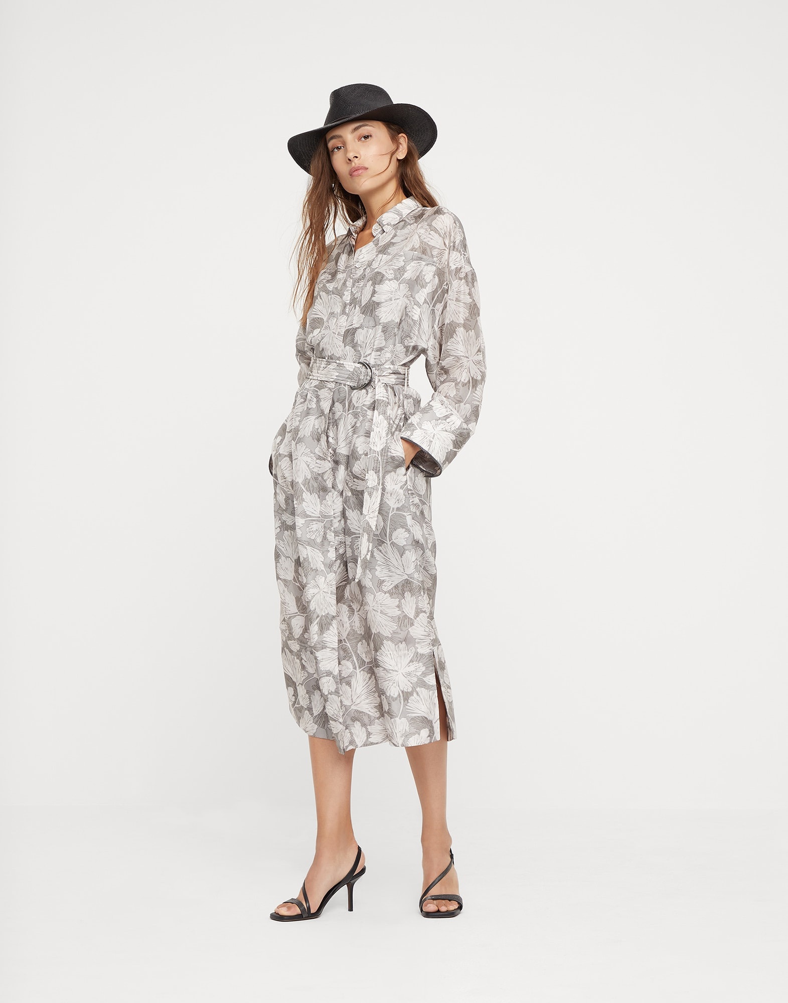 Silk ginkgo print pongée shirt dress with belt and shiny cuff details - 5