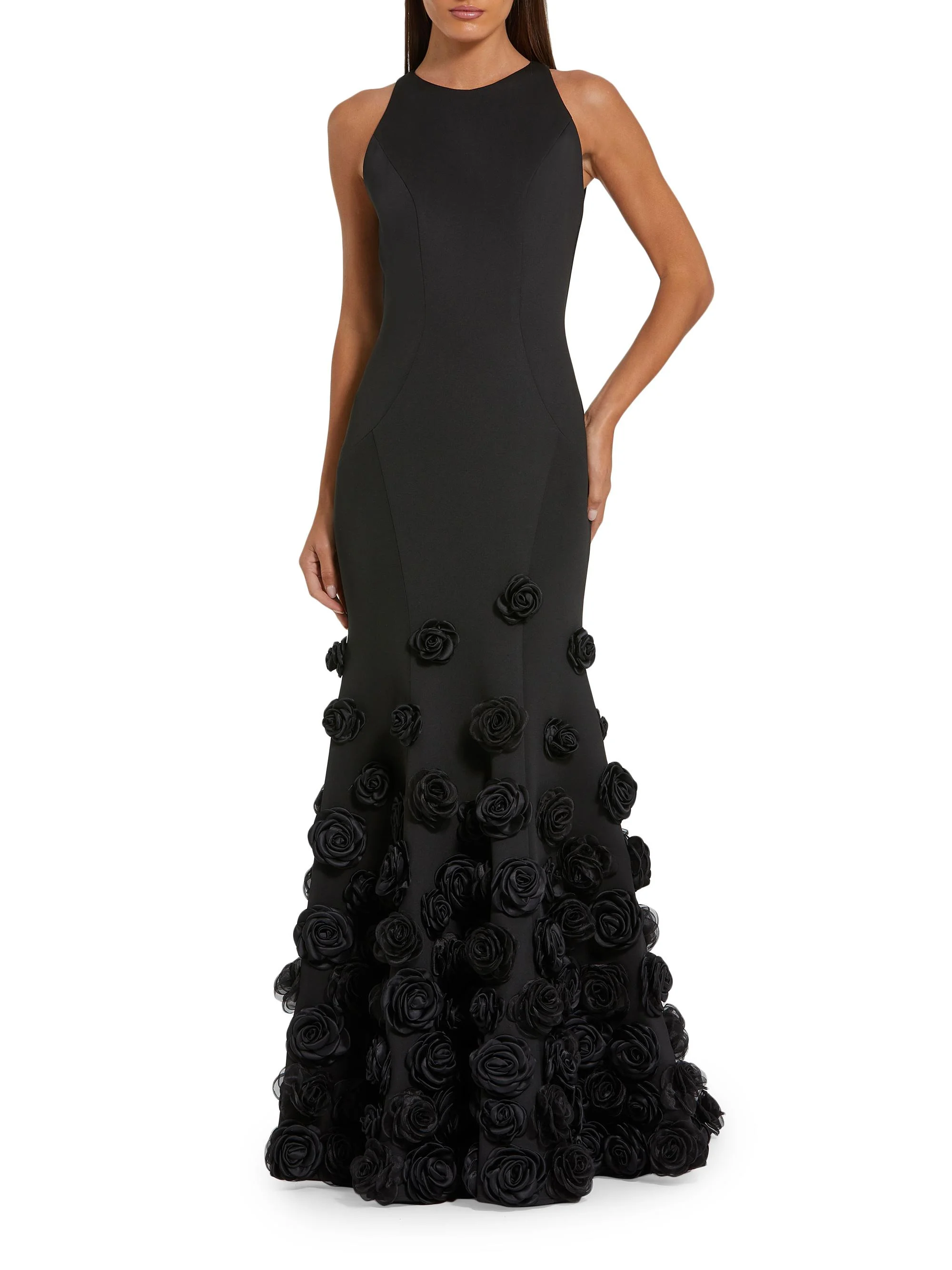 Women's Rose Appliqué Crêpe Mermaid Gown - Black - 1