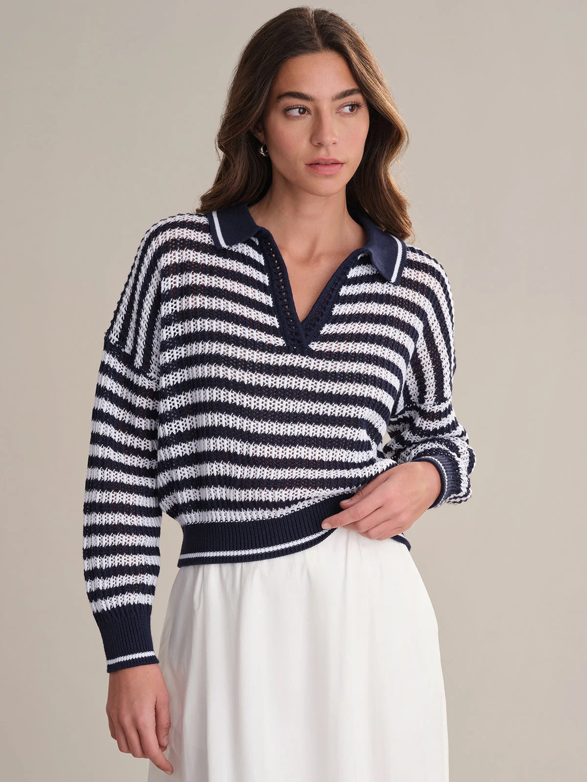 Kimberly: Cotton Stripe Open Stitch Polo Sweater - 1