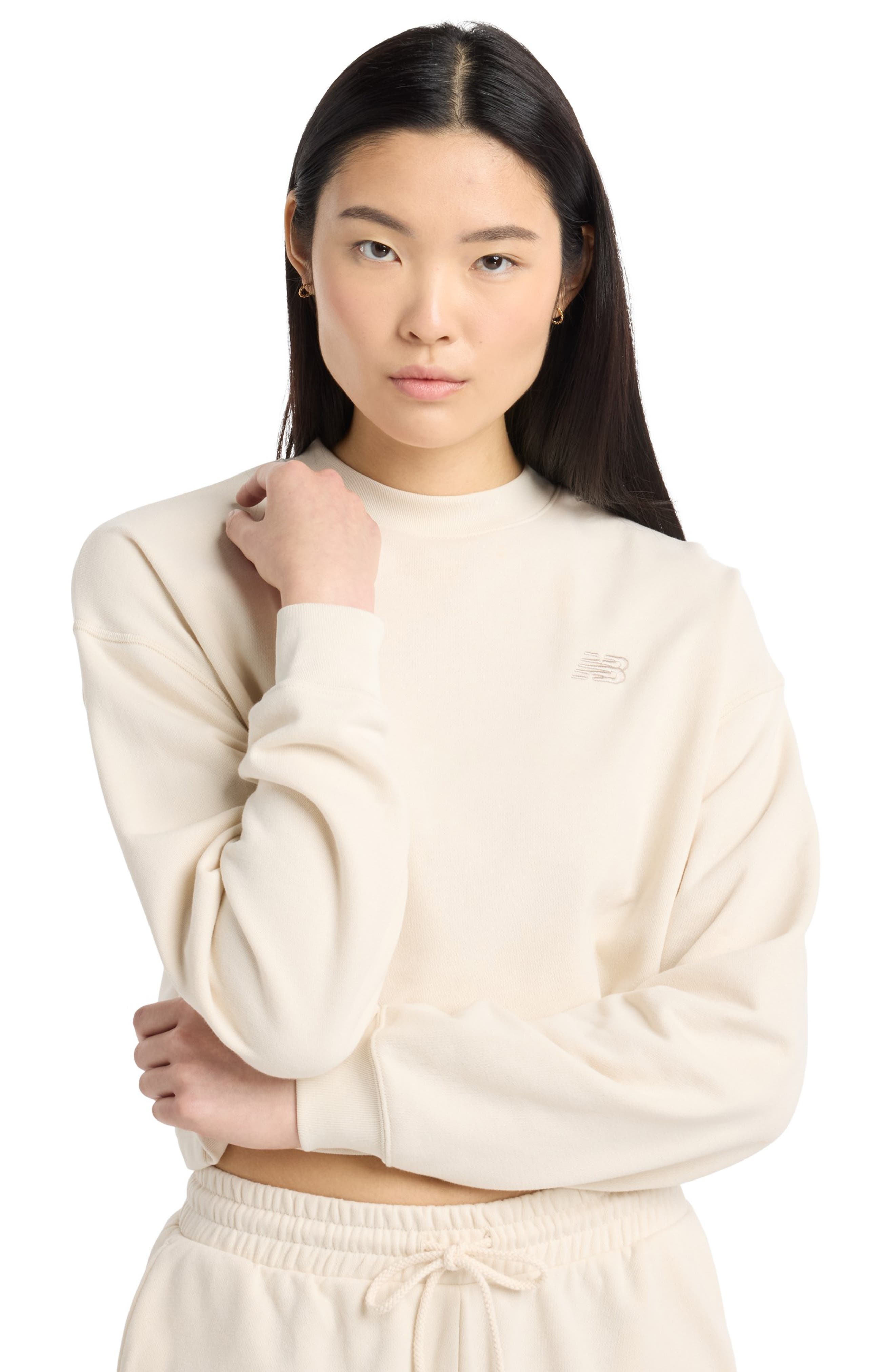 New Balance Coastal Fleece Oversize Crop Crewneck Sweatshirt in Linen at Nordstrom - 9