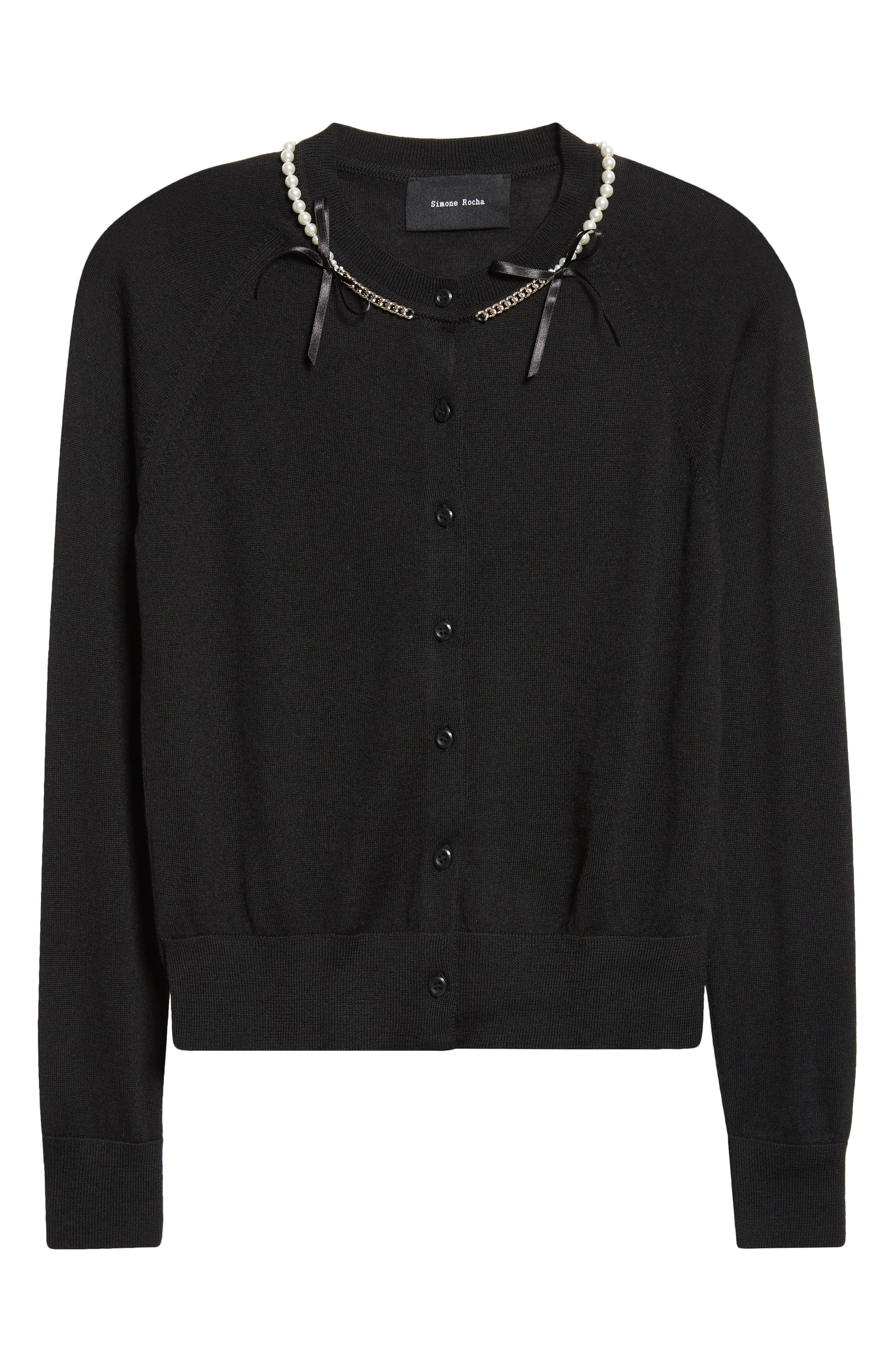 Simone Rocha Classic Long Sleeve Merino Wool & Silk Cardigan with Faux Pearl Detail in Black/Pearl a - 6