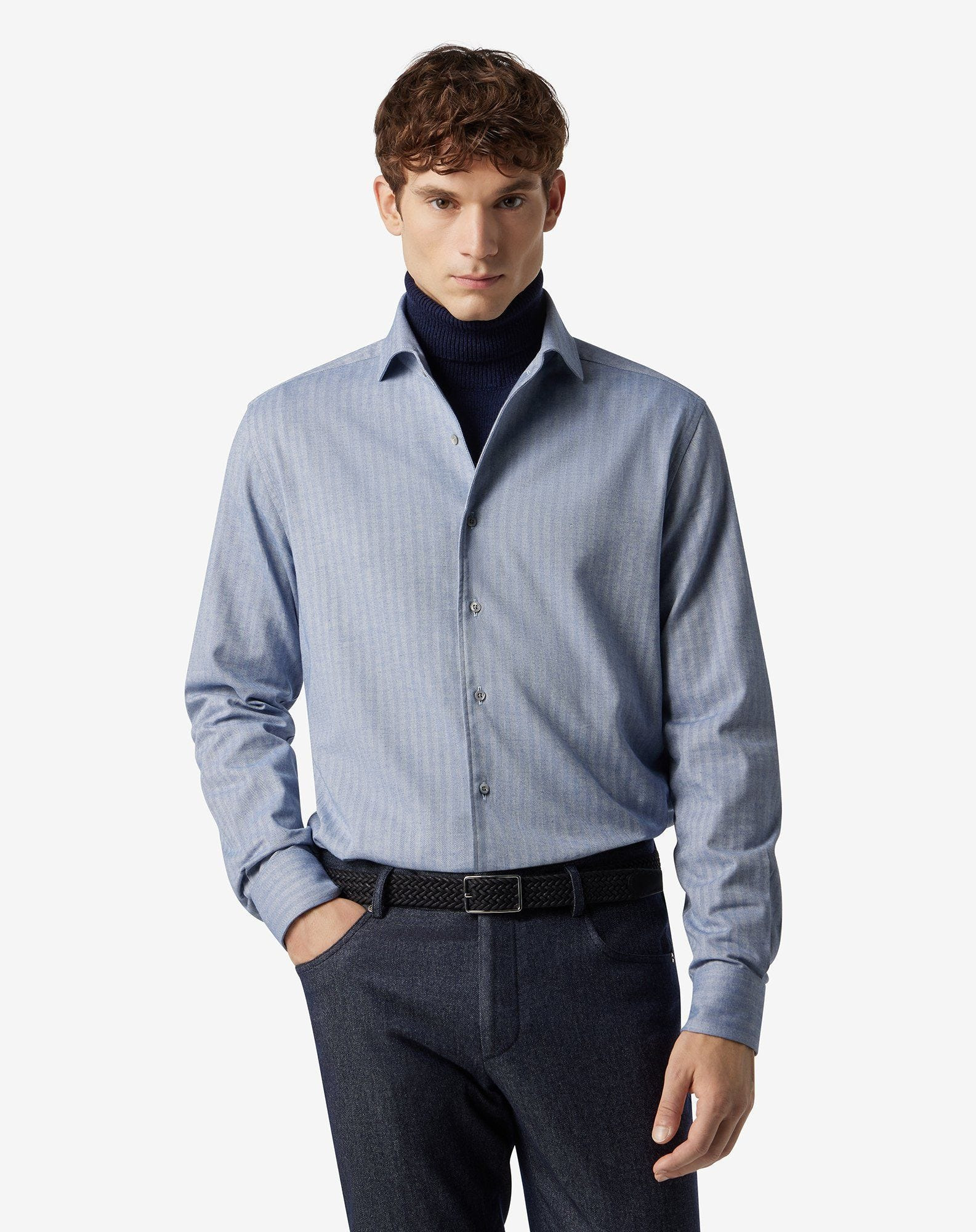Blue and beige cotton flannel shirt with herringbone pattern - 2