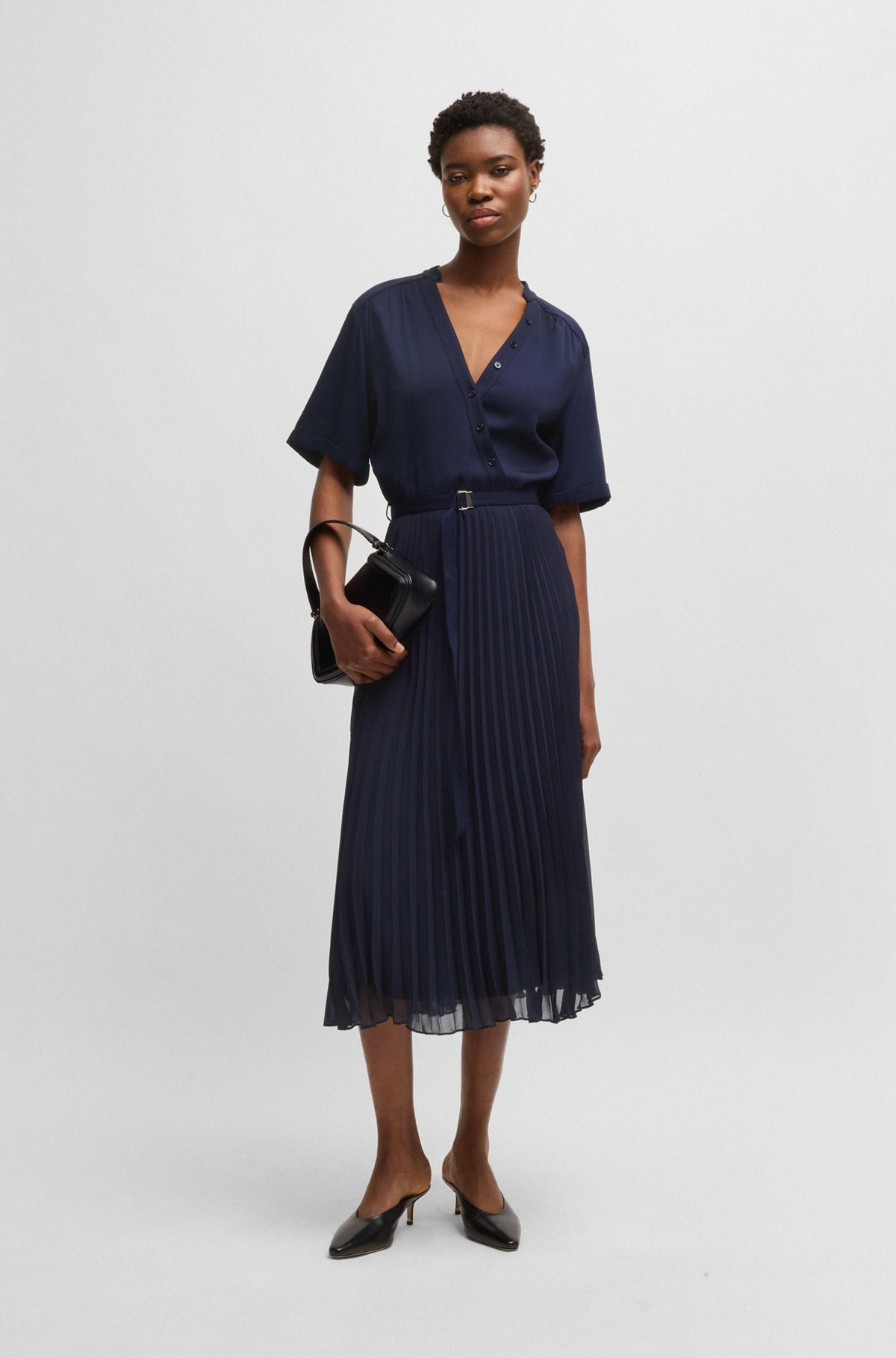 BELTED DRESS WITH PLISSÉ SKIRT - 2