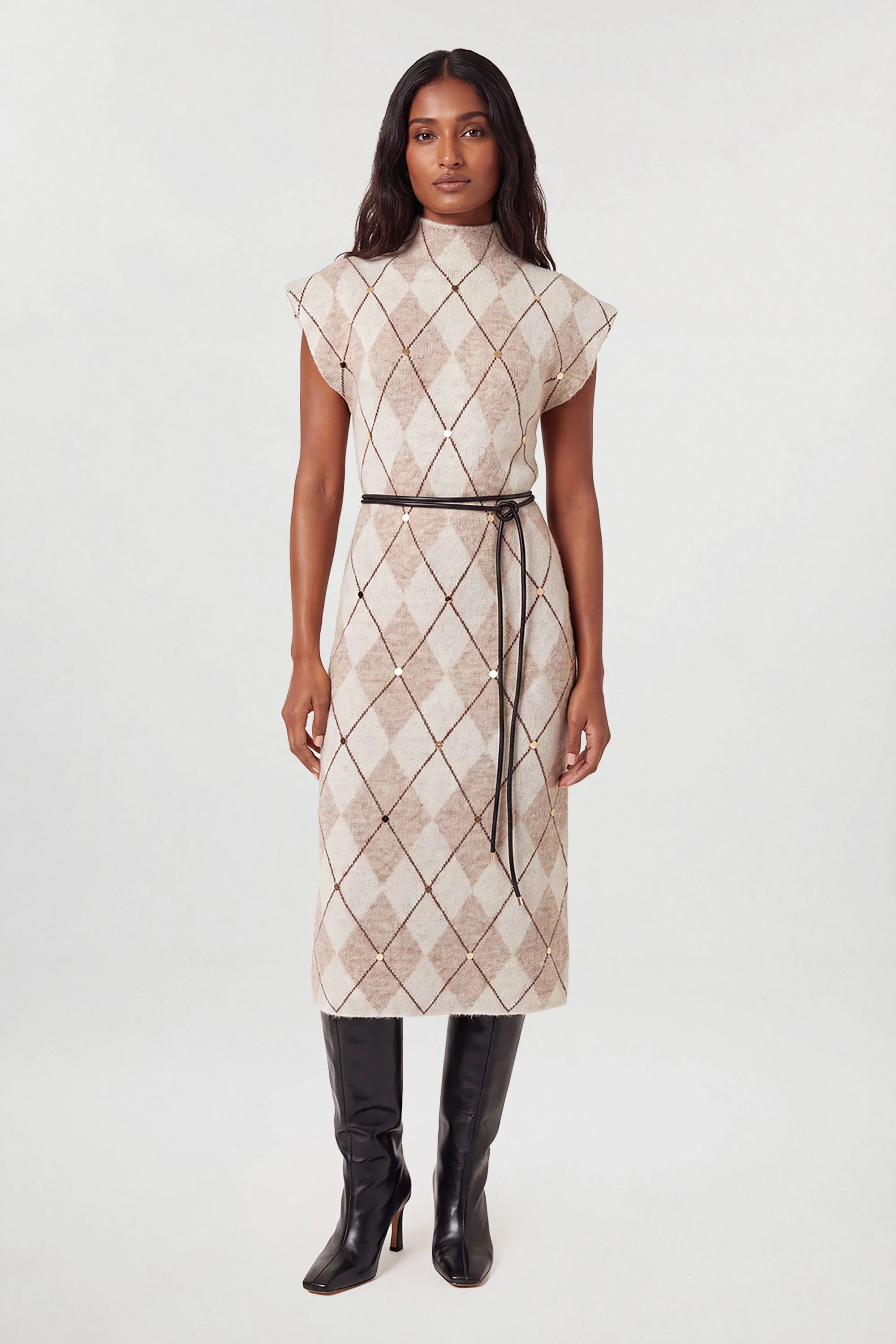 Studded Argyle Wool Blend Cosy Knit Belted Midi Dress - 1