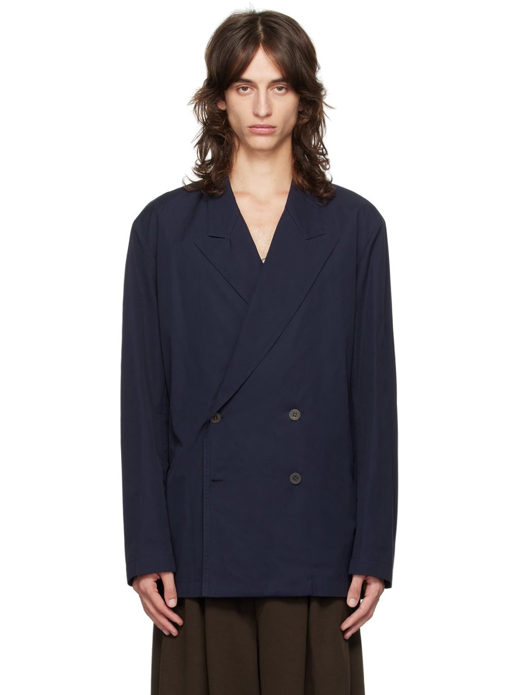 Navy Cotton Poplin Blazer - 1