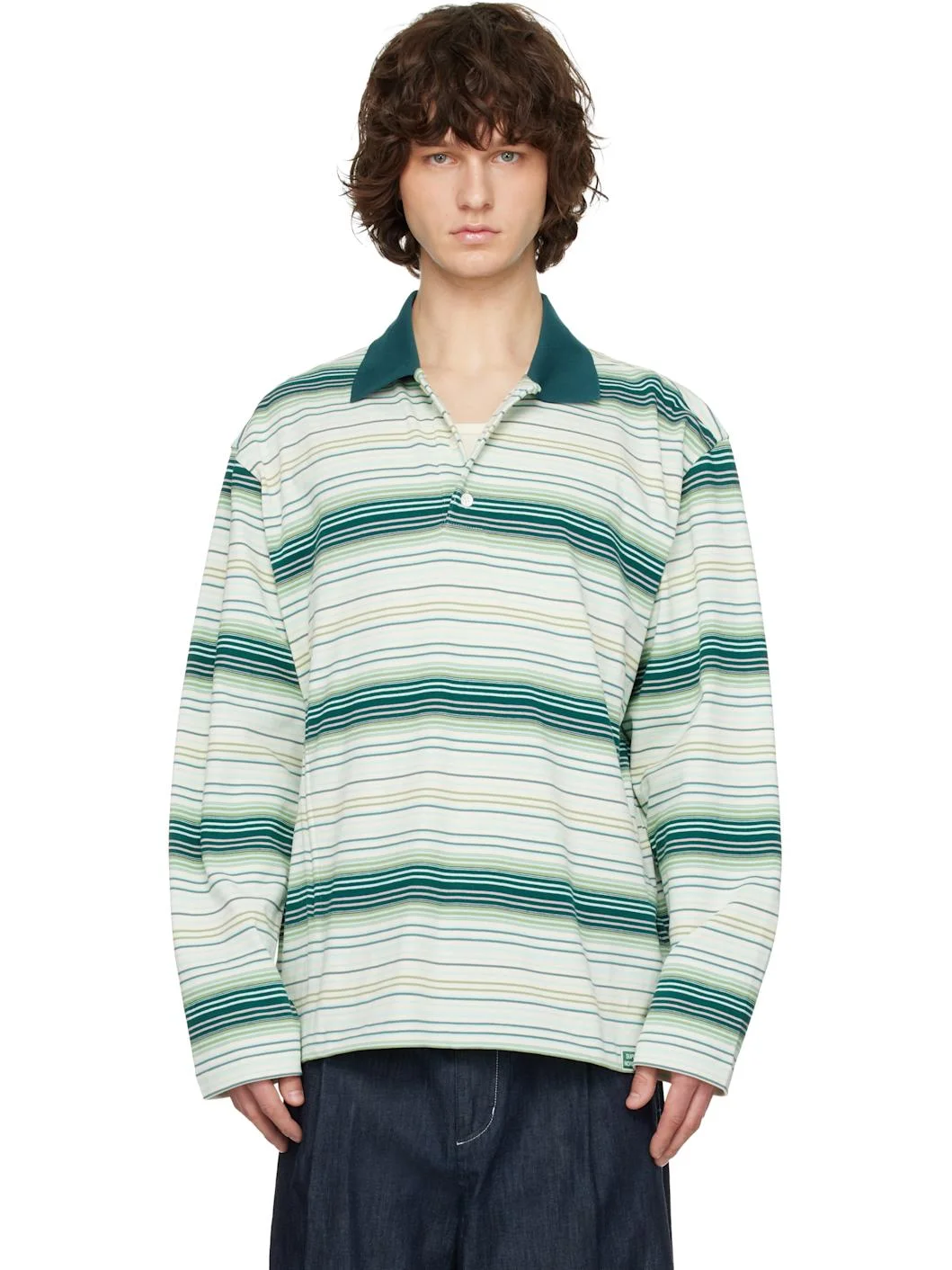 Green Striped Drawstring Collar Neck Long Sleeve Polo - 1