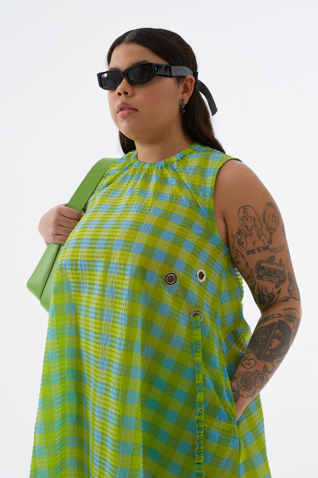 GREEN CHECK ELASTIC DRESS - 5