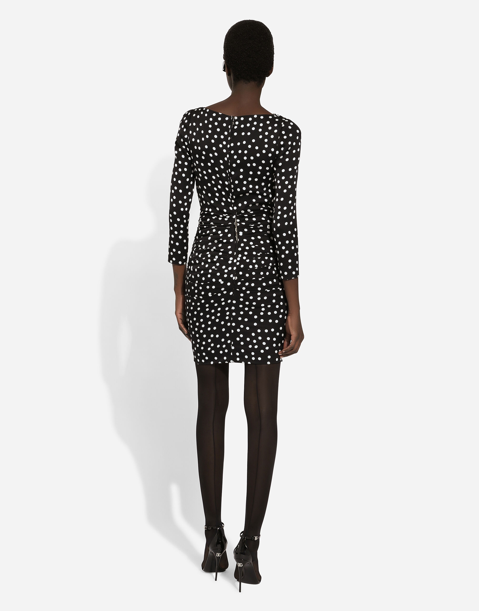 Short charmeuse dress with draped detailing and micro polka-dot print - 3