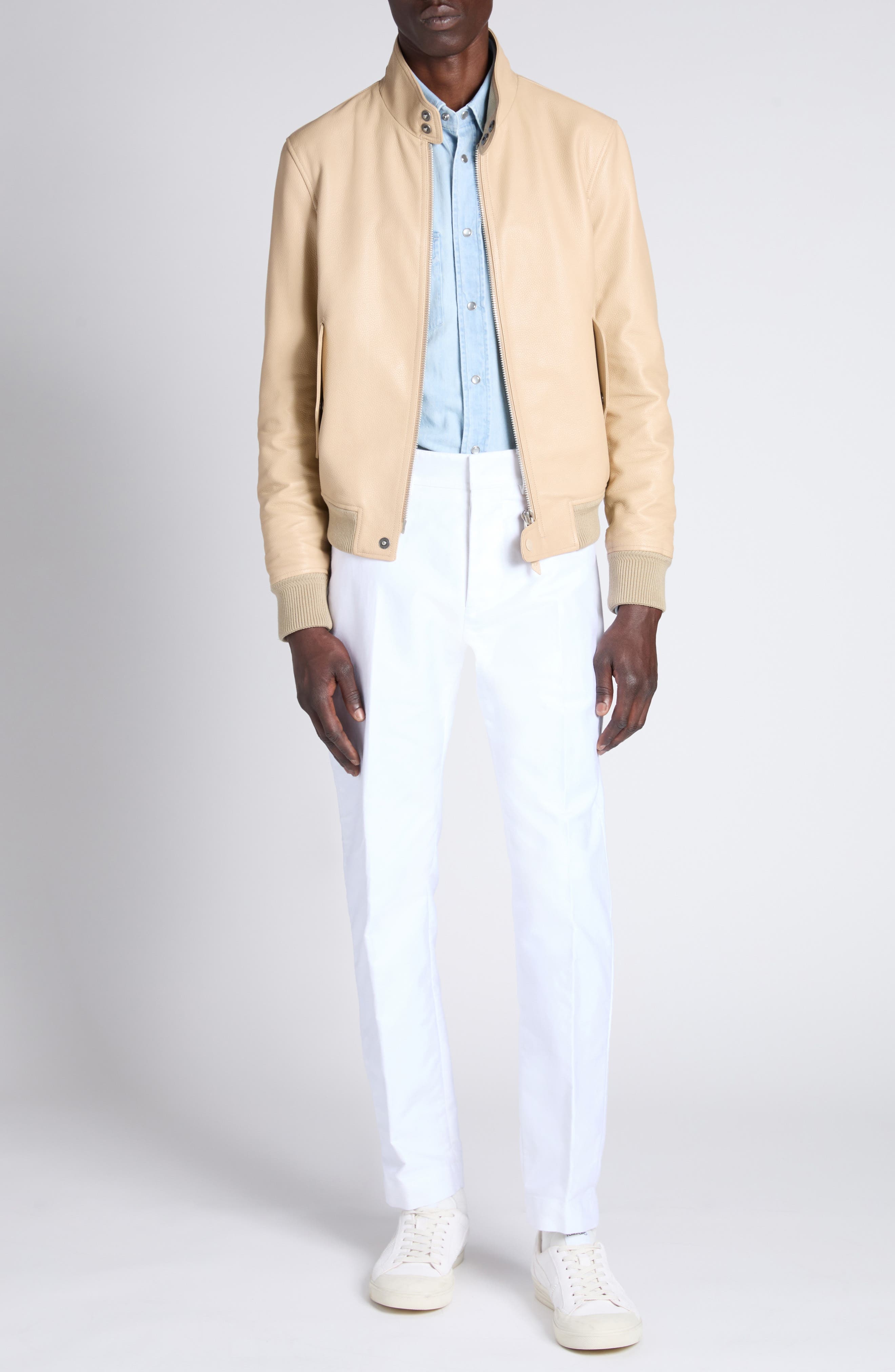 TOM FORD Tumbled Leather Harrington Jacket in Stone at Nordstrom - 2