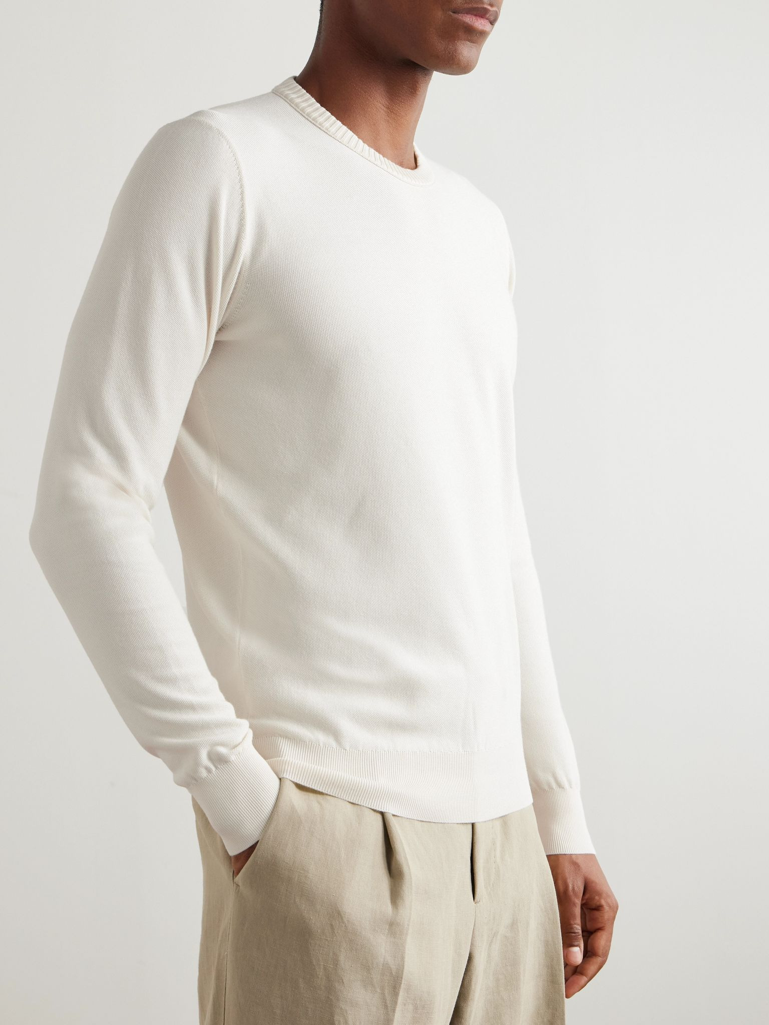 Cotton and Silk-Blend Piqué Sweater White - 3