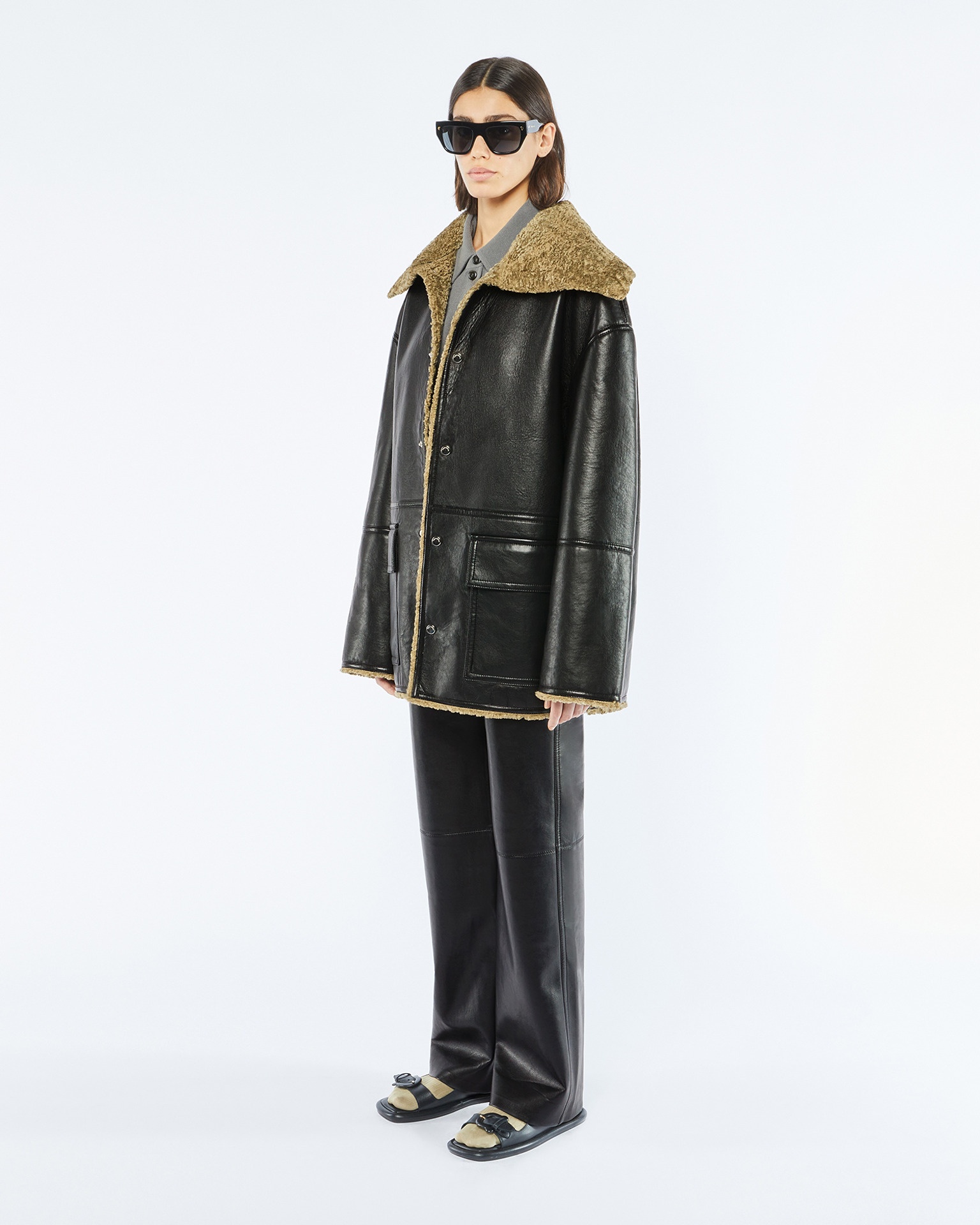 MAUK - Faux shearling-trimmed jacket - Black/khaki - 4