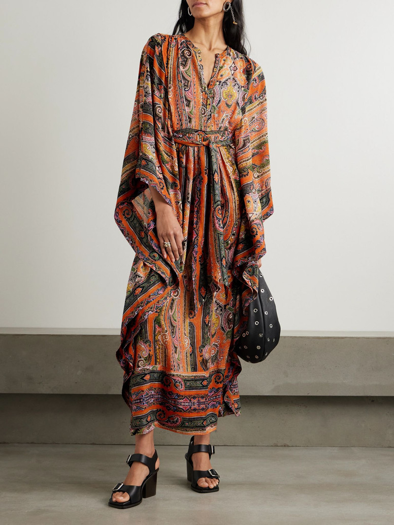 Isabel Marant Melinda belted embellished printed silk-voile maxi dress Orange outlook