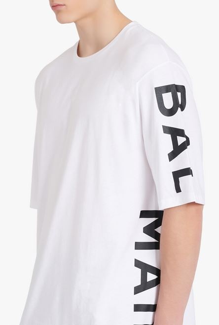 Oversized white eco-designed cotton T-shirt with black Balmain logo print - 6