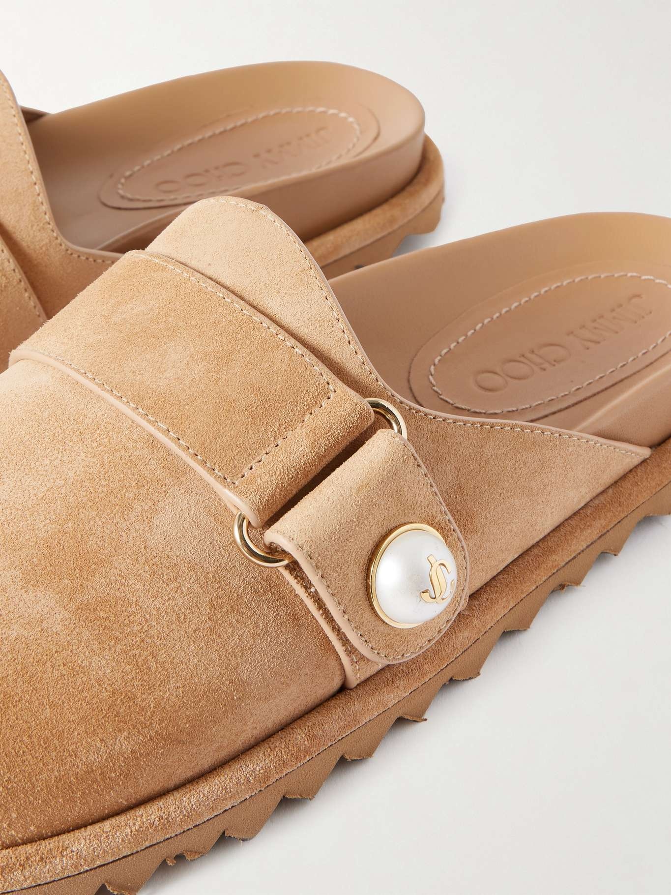 Fayence faux pearl-embellished suede mules Tan - 4