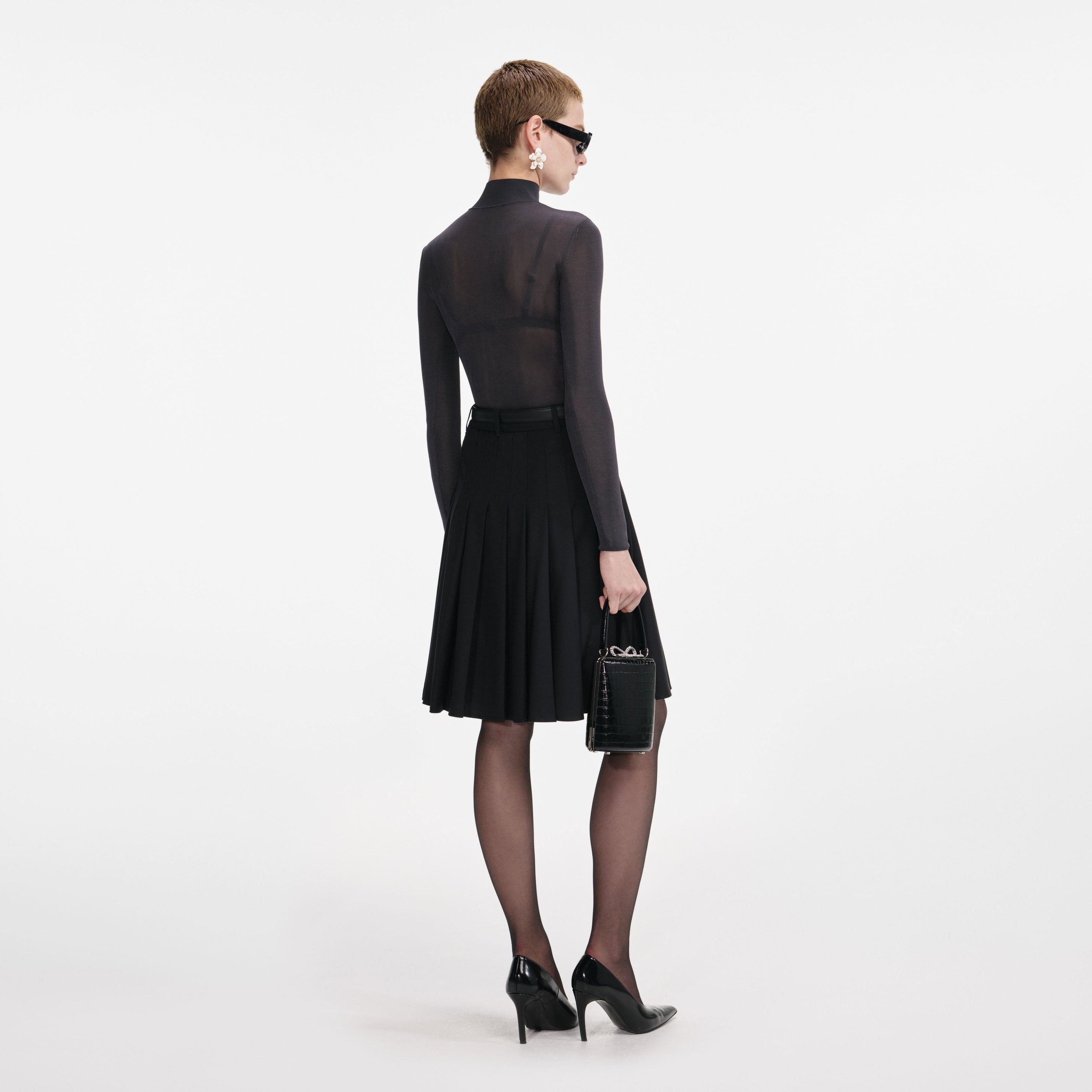 Black Pleated Twill Midi Skirt - 3
