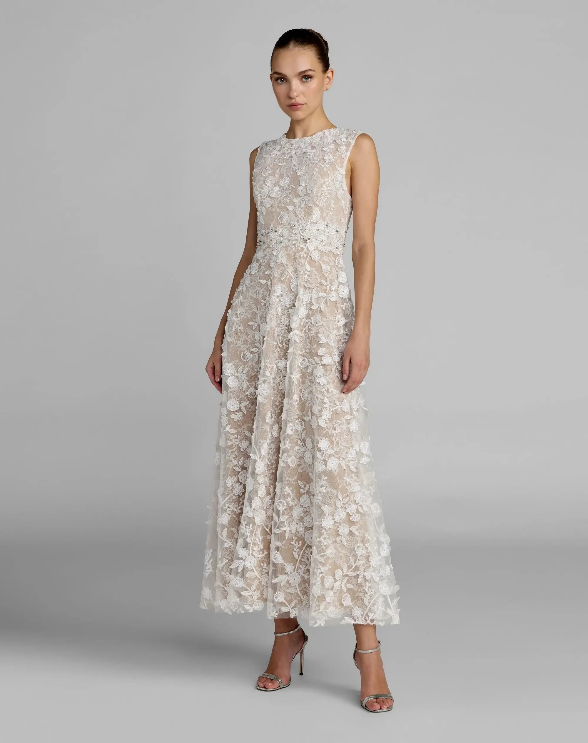 Ivory Nude Floral Embroidered High Neck Midi Dress - 1