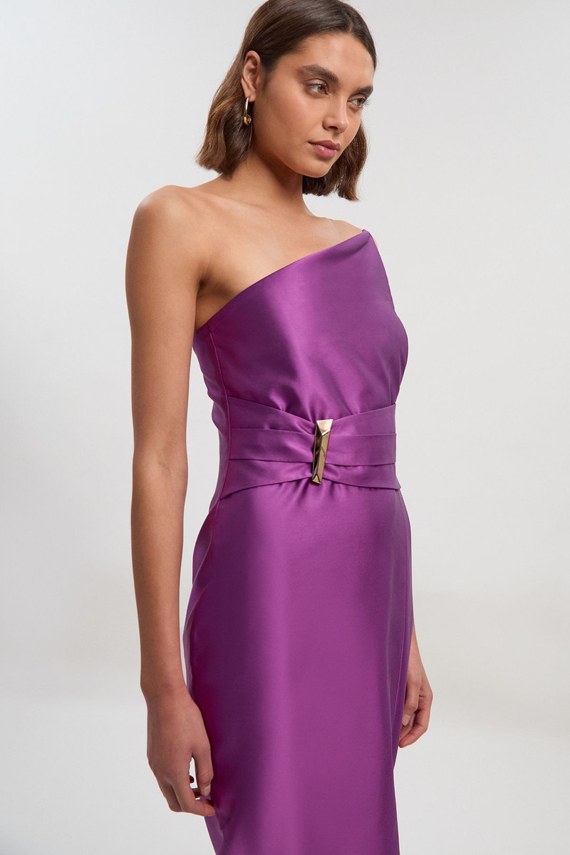 KAREN MILLEN Satin Twill Trim Detail Structured Asymmetric Neck Tailored Midi Dress outlook