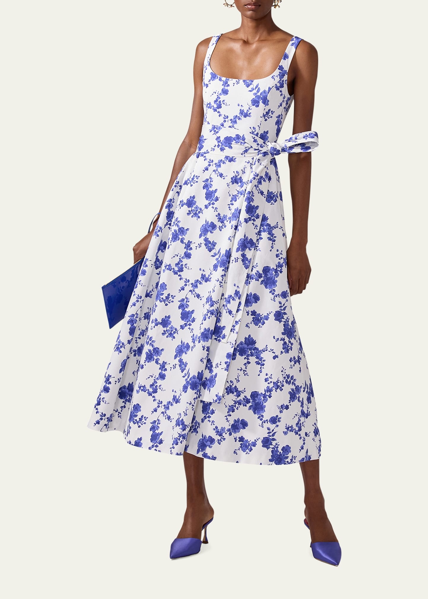 Floral Scoop Neck Midi Dress with Sash - 2