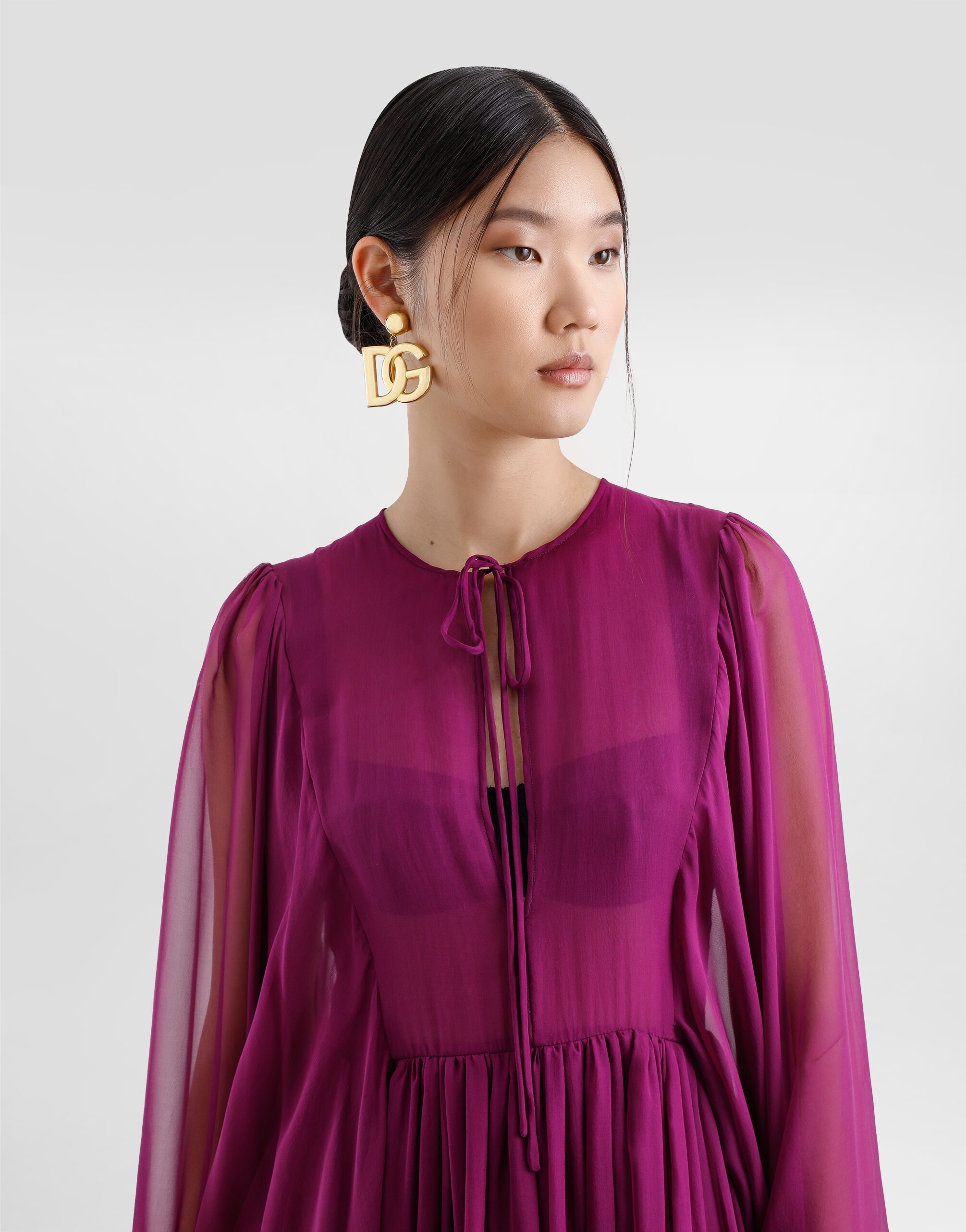 Long silk chiffon caftan with drawstring - 5