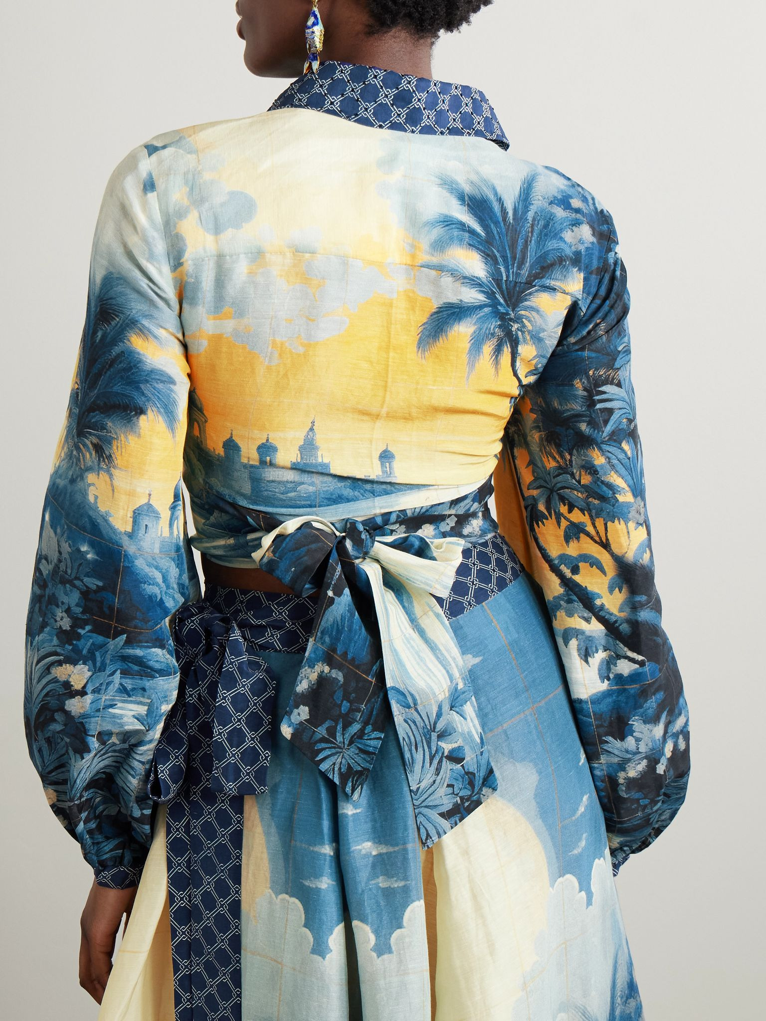 Cropped embellished printed linen and silk-blend wrap shirt Blue - 3