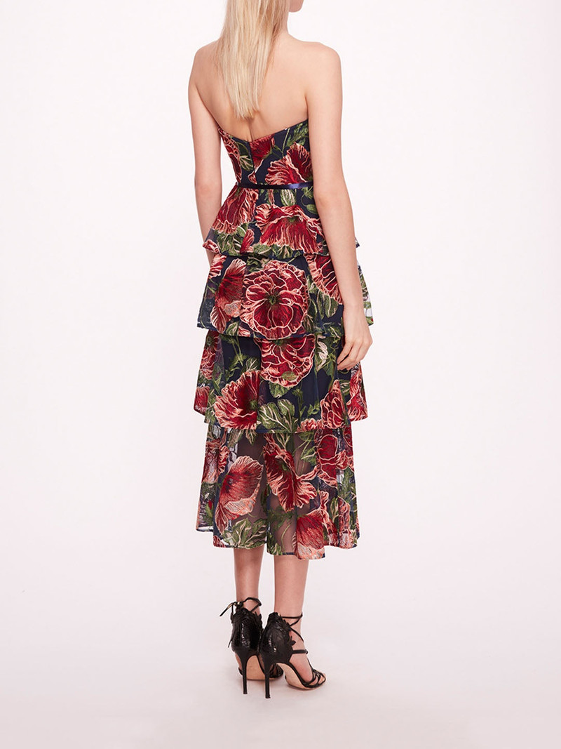 Marchesa EMBROIDERED PLUNGING MIDI DRESS outlook