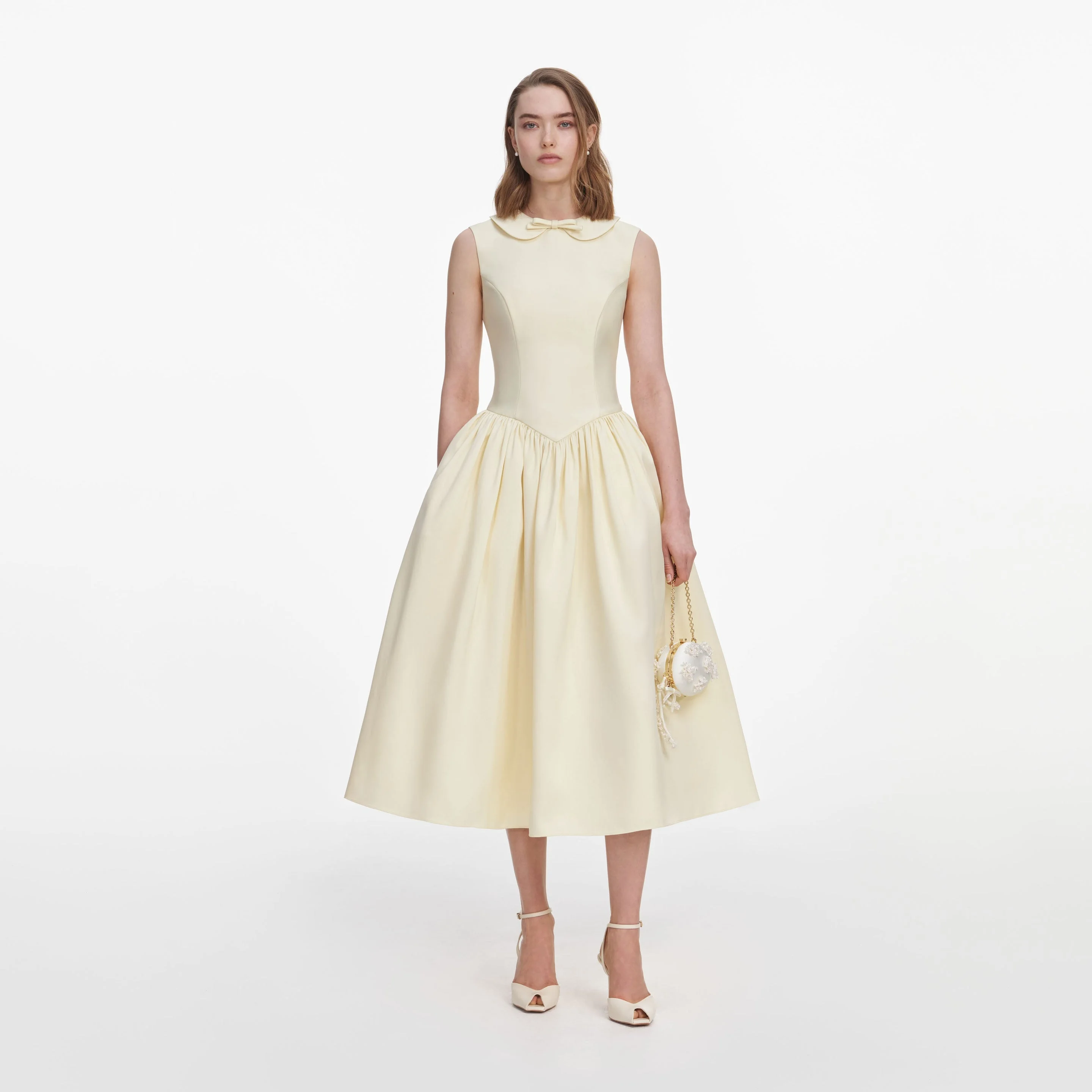 Yellow Taffeta Collared Midi Dress - 1