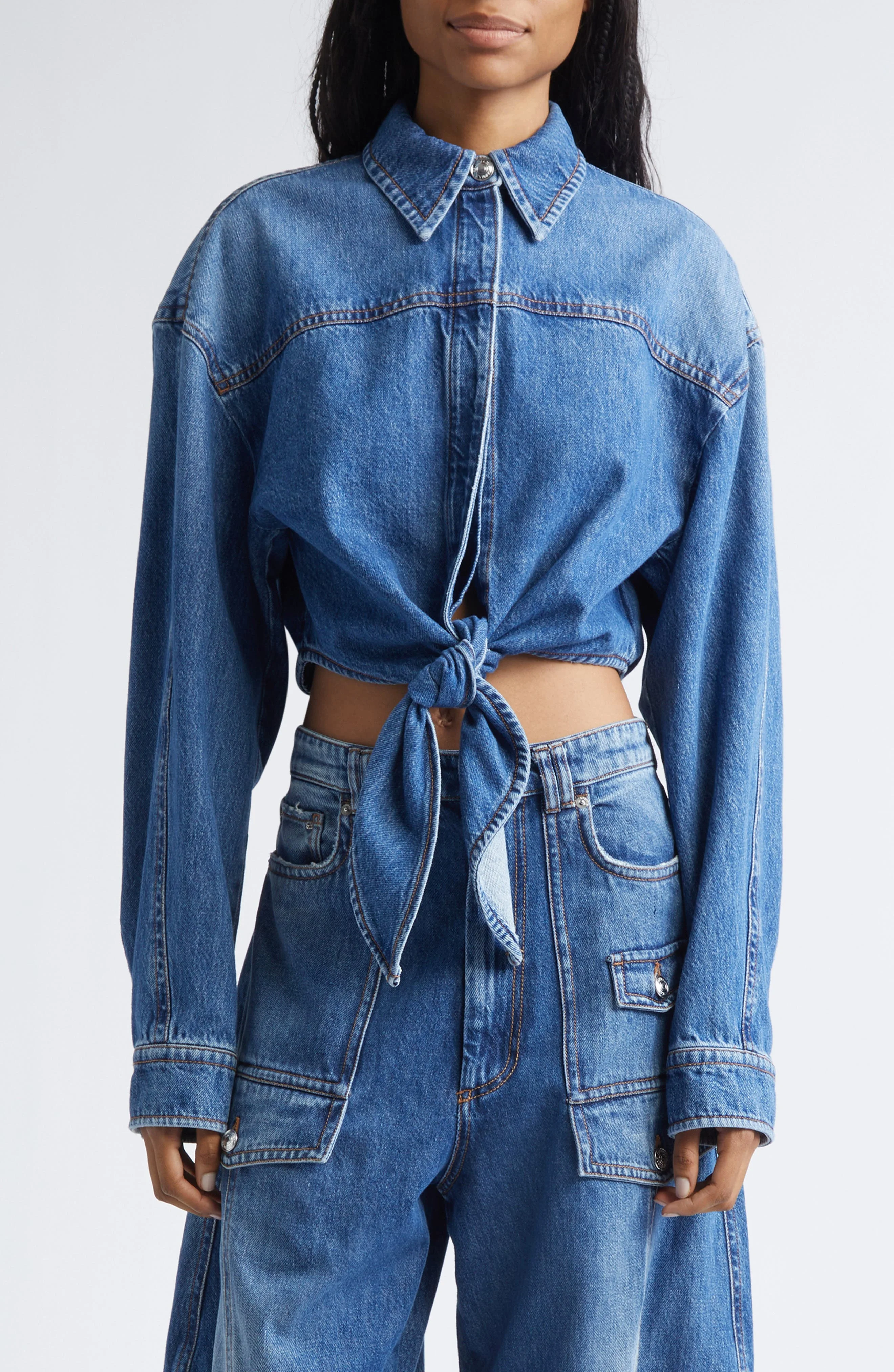 SPORTMAX Pevera Crop Tie Front Denim Button-Up Shirt in Midnight Blue at Nordstrom - 1