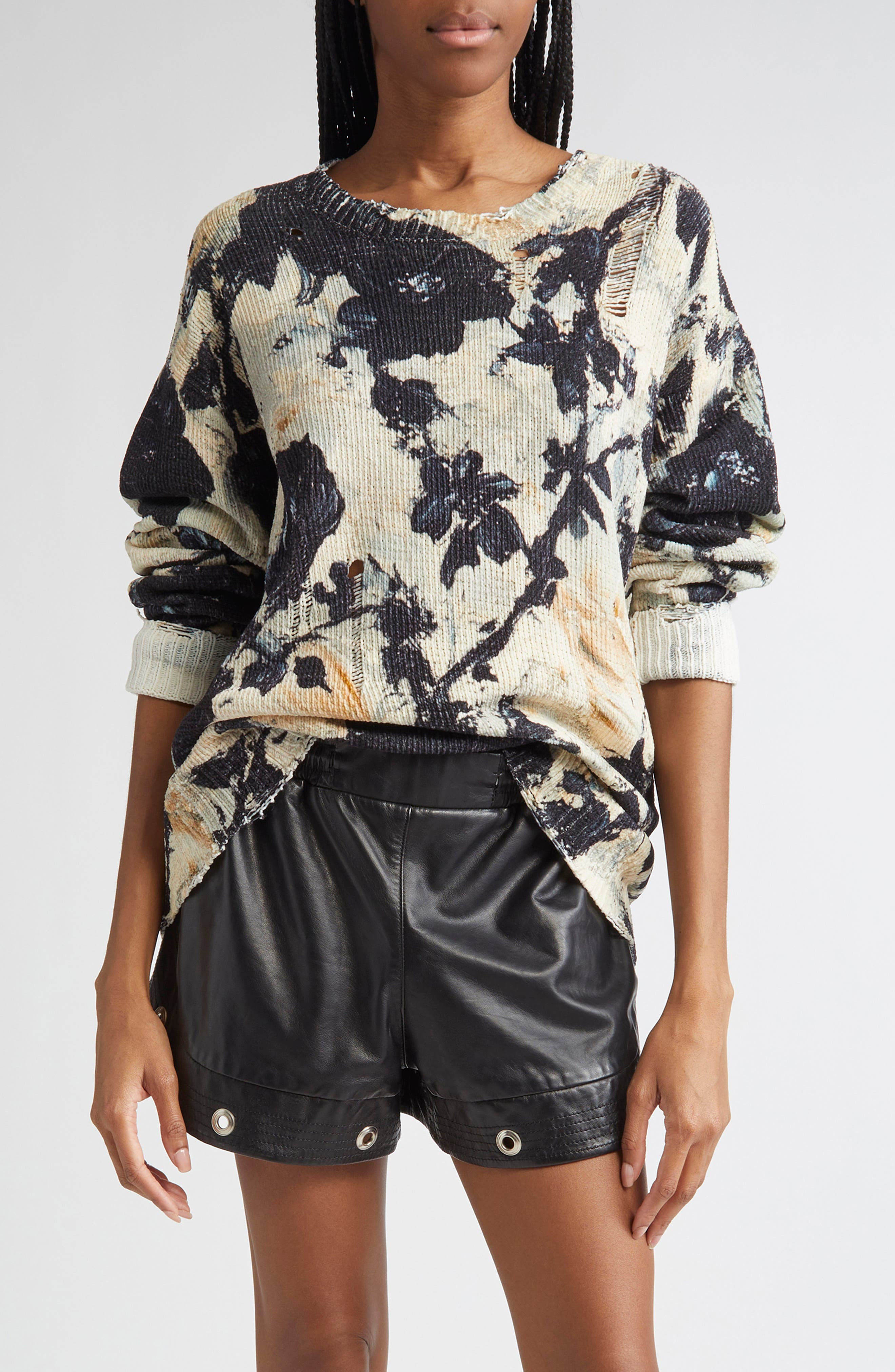 R13 Distressed Floral Cotton Sweater in Black And Cream Floral at Nordstrom - 1