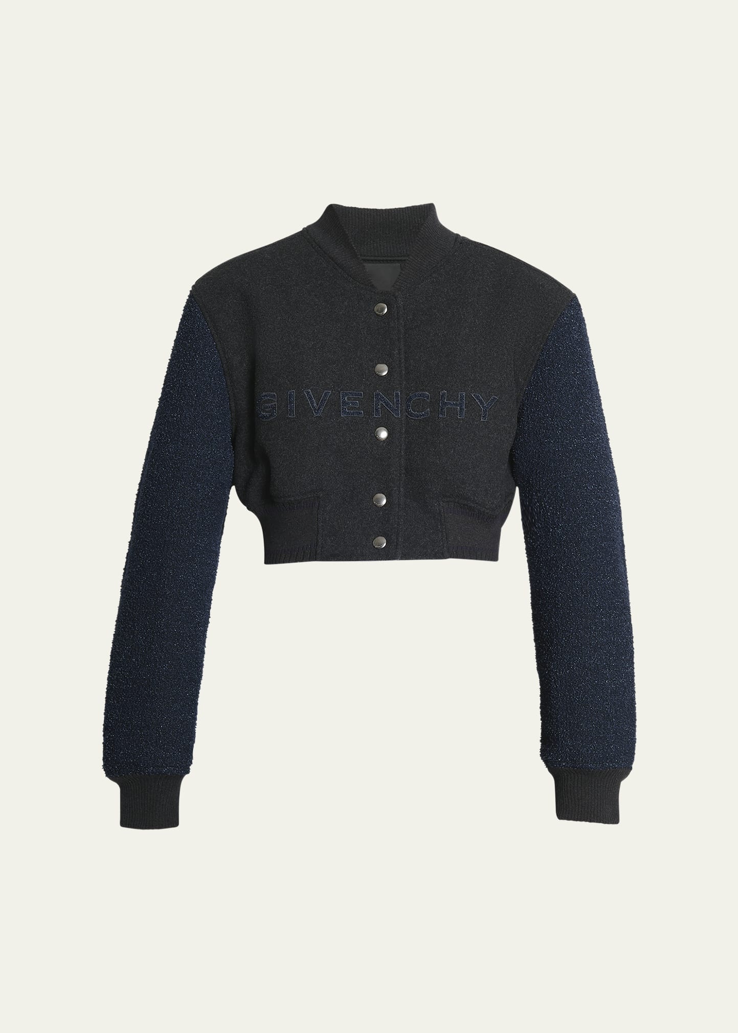 Boucle-Sleeves Crop Varsity Jacket - 1