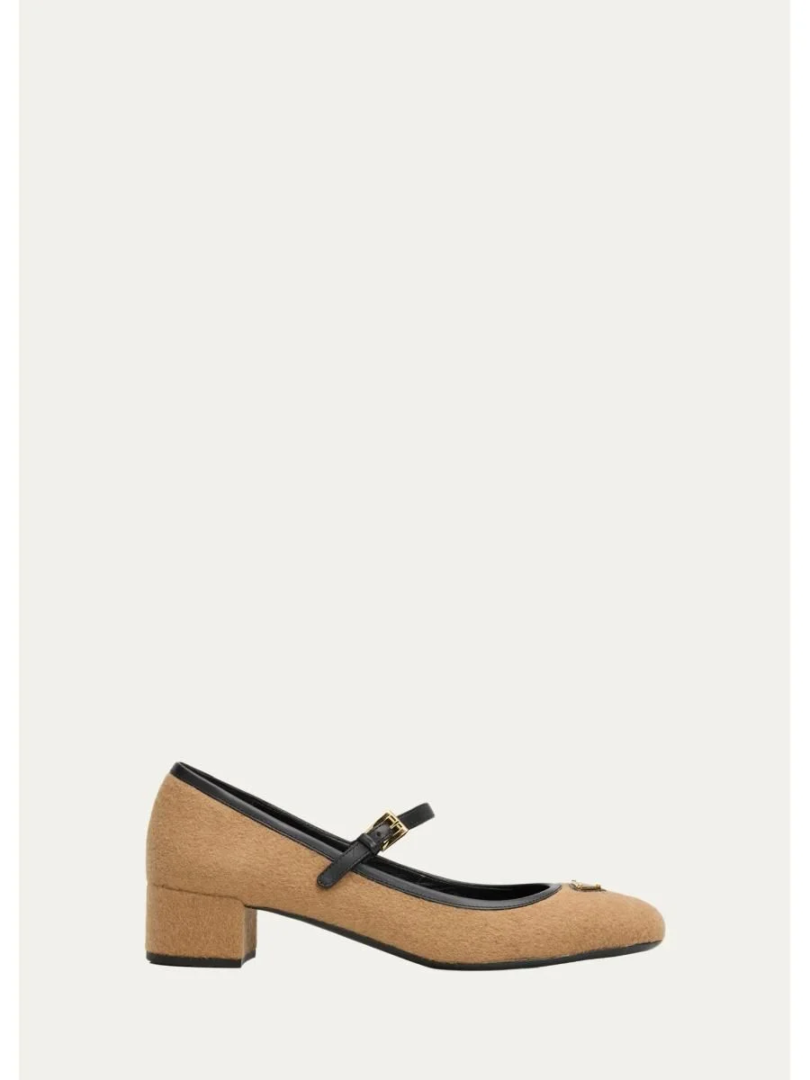 Triangle Logo Wool Mary Jane Ballerina Flats - 1