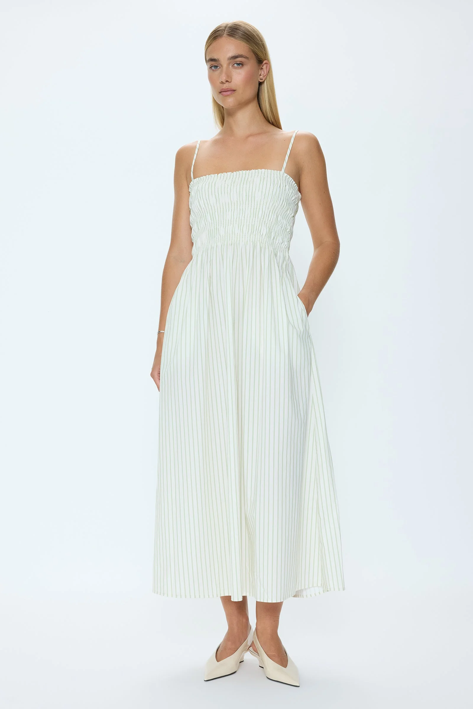 BIANCA SHIRRED BODICE DRESS - SAGE EGRET STRIPE - 1
