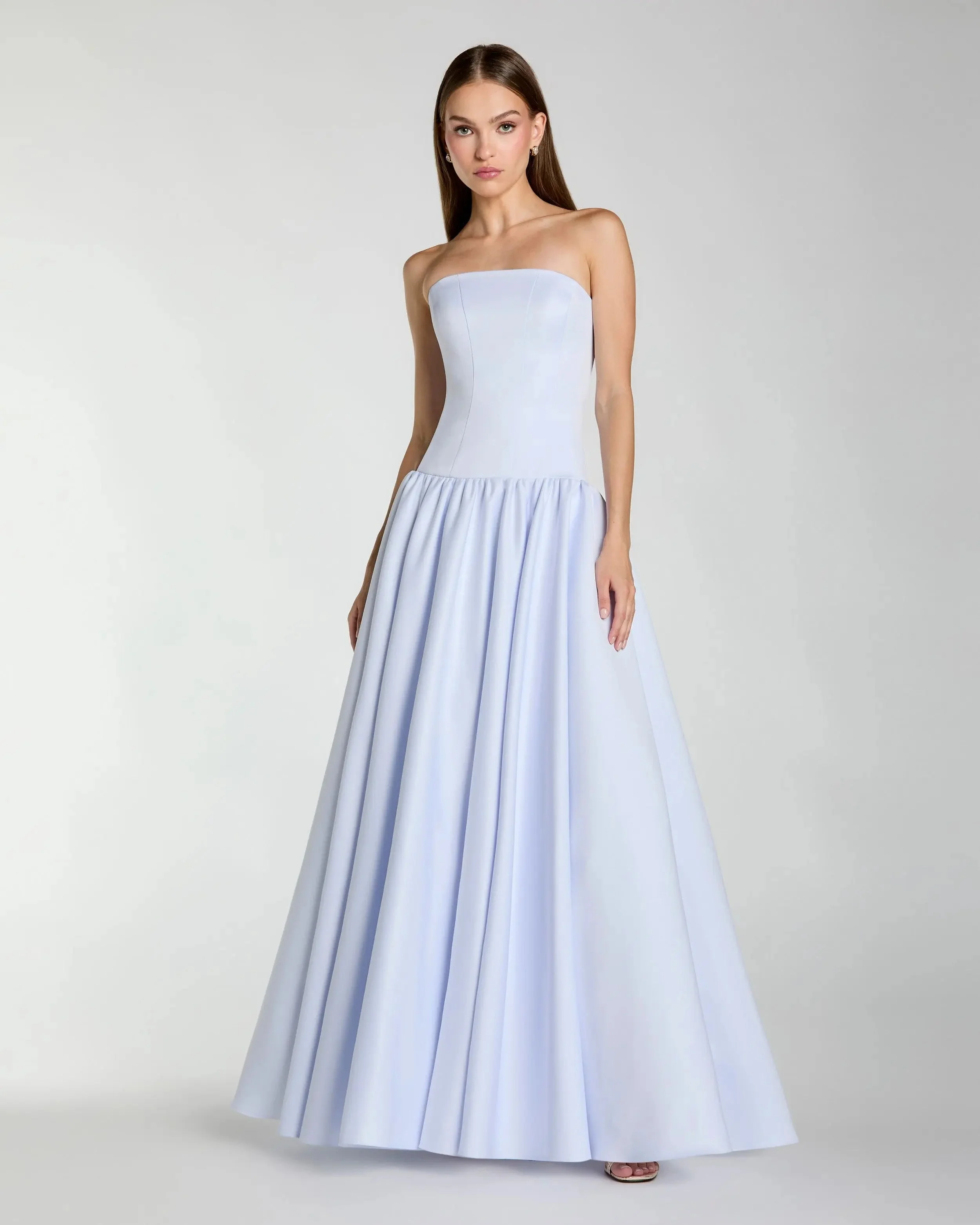 Light Purple Strapless Satin Drop Waist Ball Gown - 1