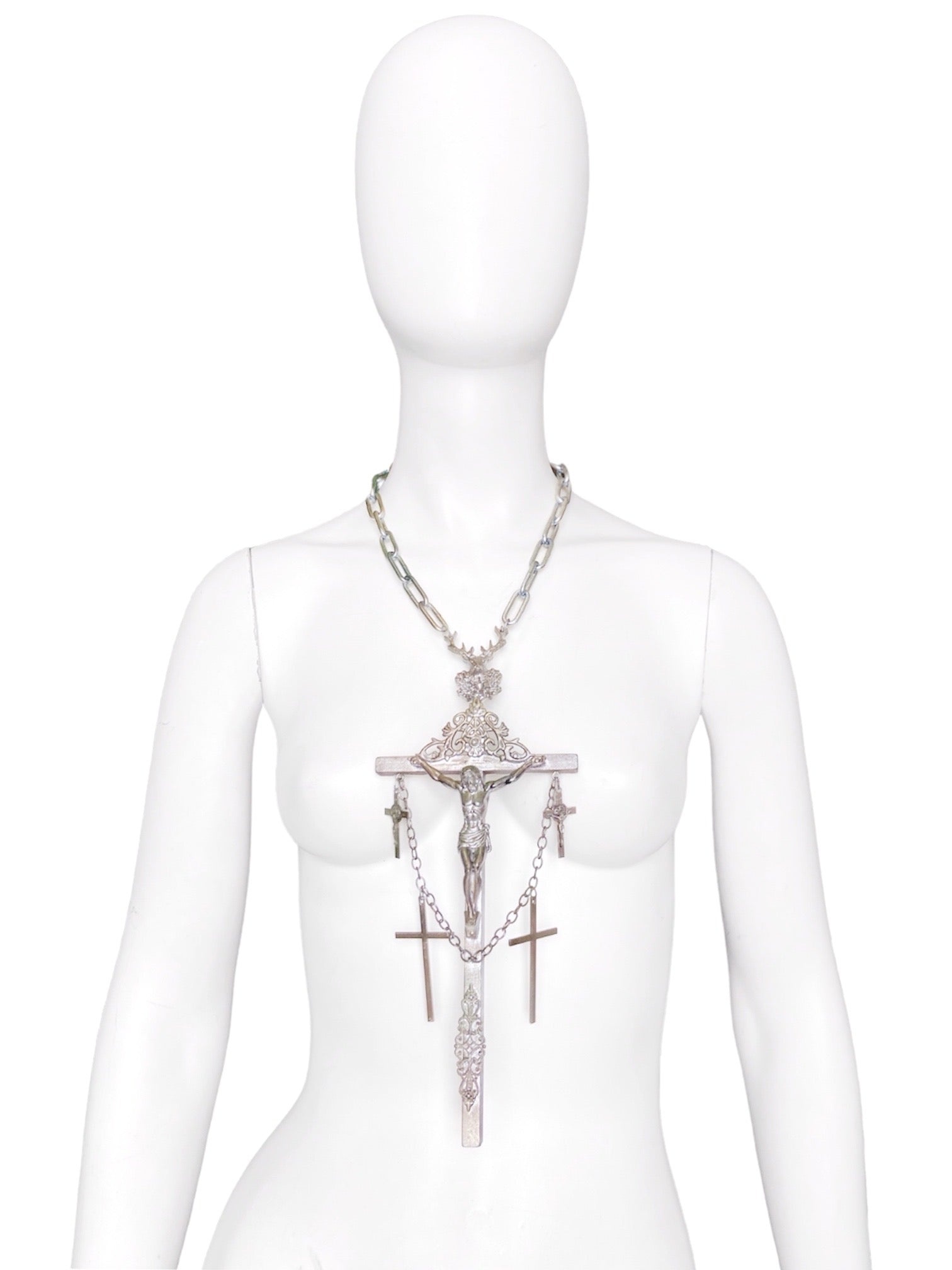 Jean Paul Gaultier 90S Sample 1/1 XXL Silver 5 Crucifix Cross Deer Chain Necklace - 6