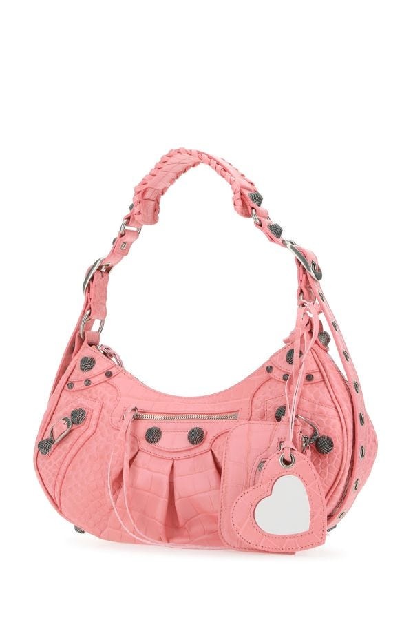 Women's Le Cagole Small Shoulder Bag Crocodile Embossed in Pink