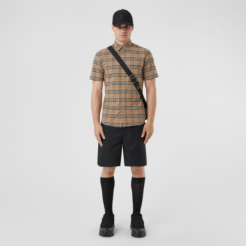Short-sleeve Small Scale Check Stretch Cotton Shirt 5