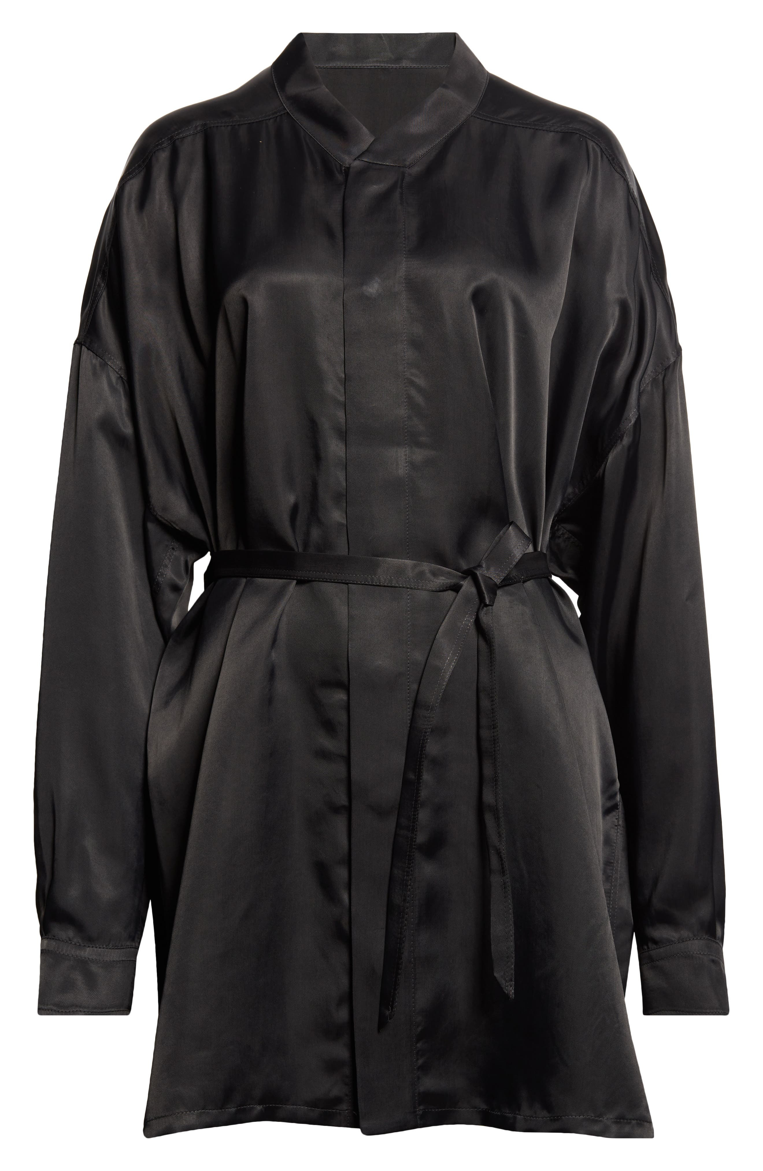 Rick Owens Long Sleeve Belted Satin Minidress in Black at Nordstrom - 7