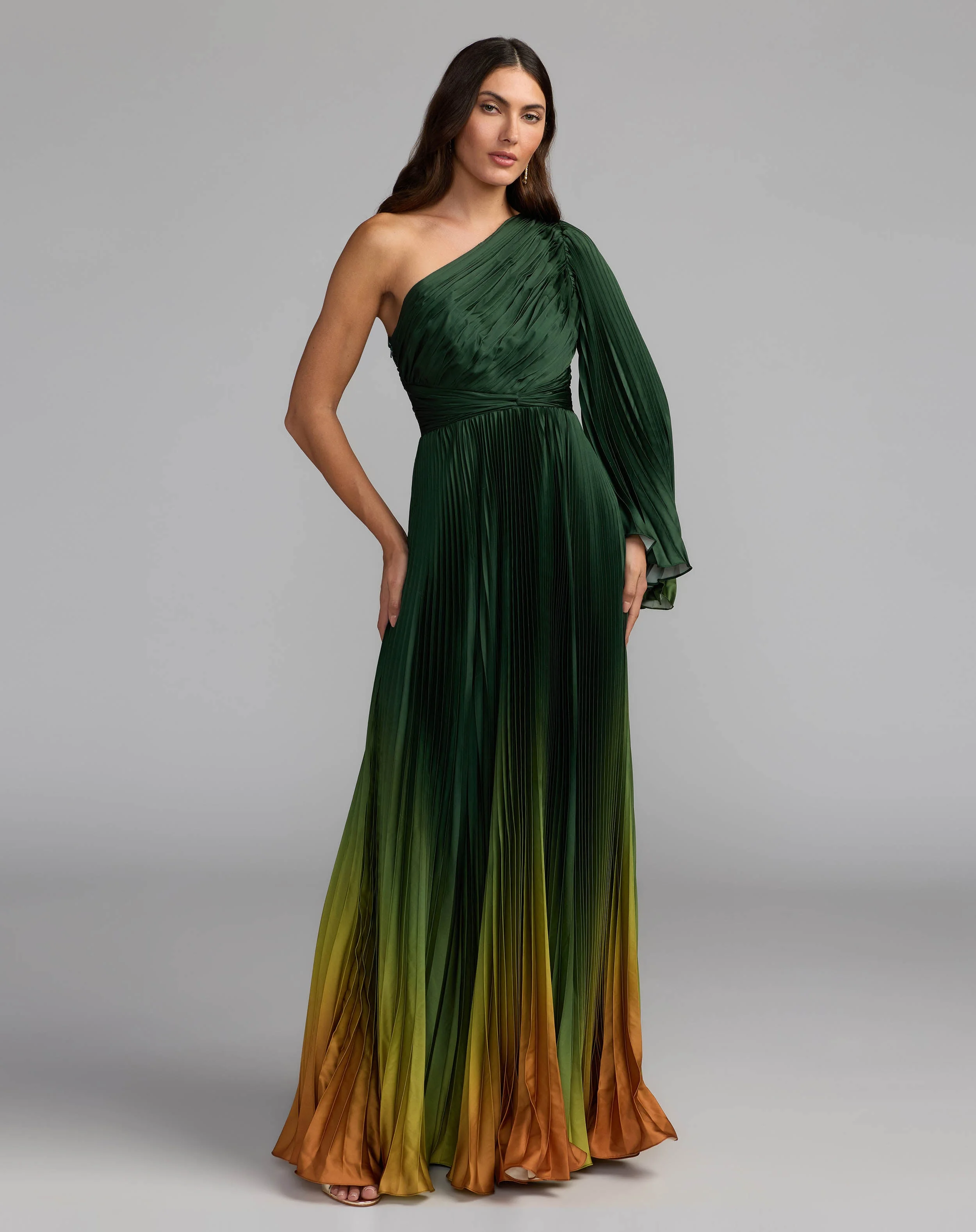 Green Ombre Pleated Charmeuse One Shoulder Ombre Gown - 1
